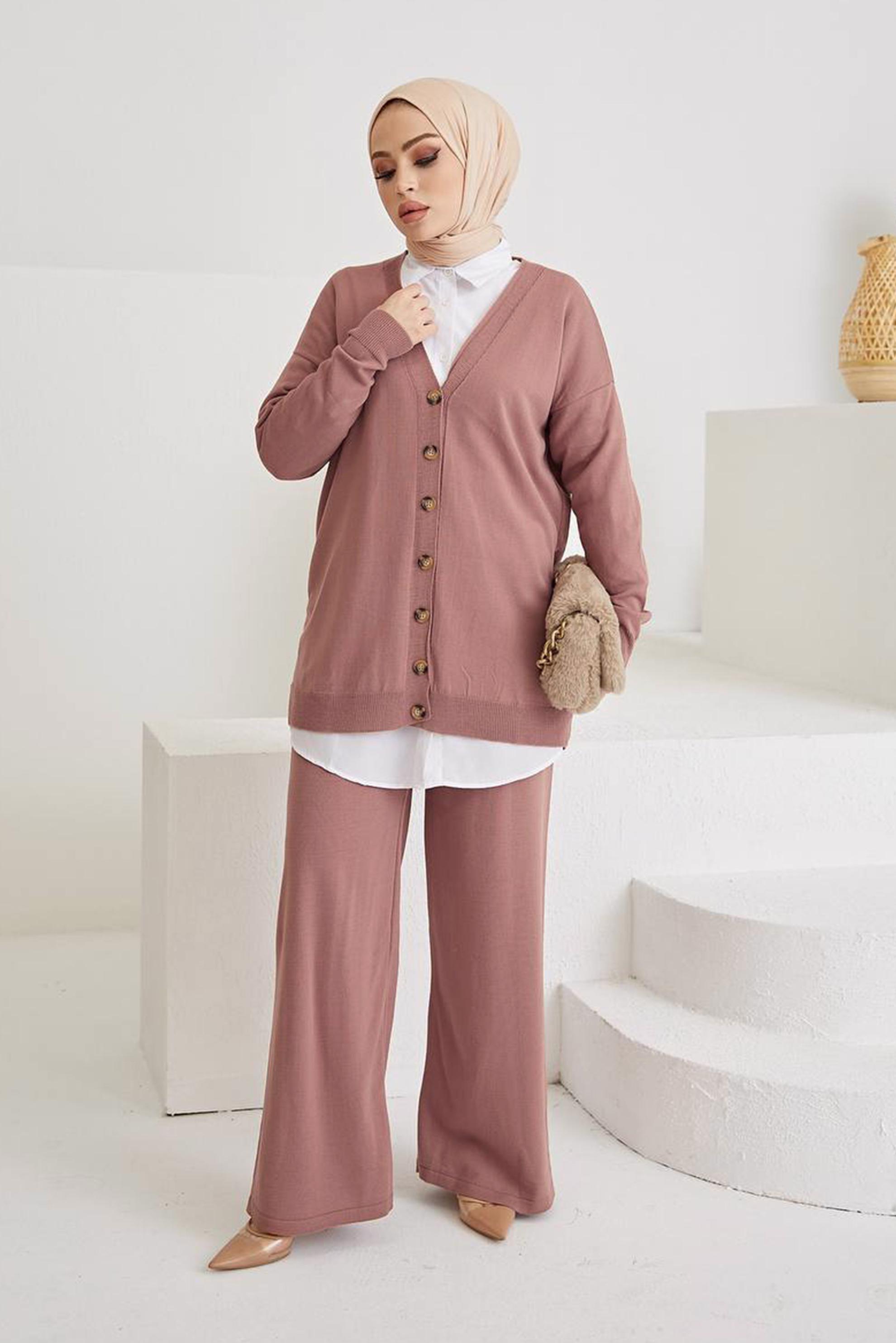 Tesettür giyim PEMBE DÜĞME DETAYLI BASIC TRİKO PANT. TAKIM 42463 