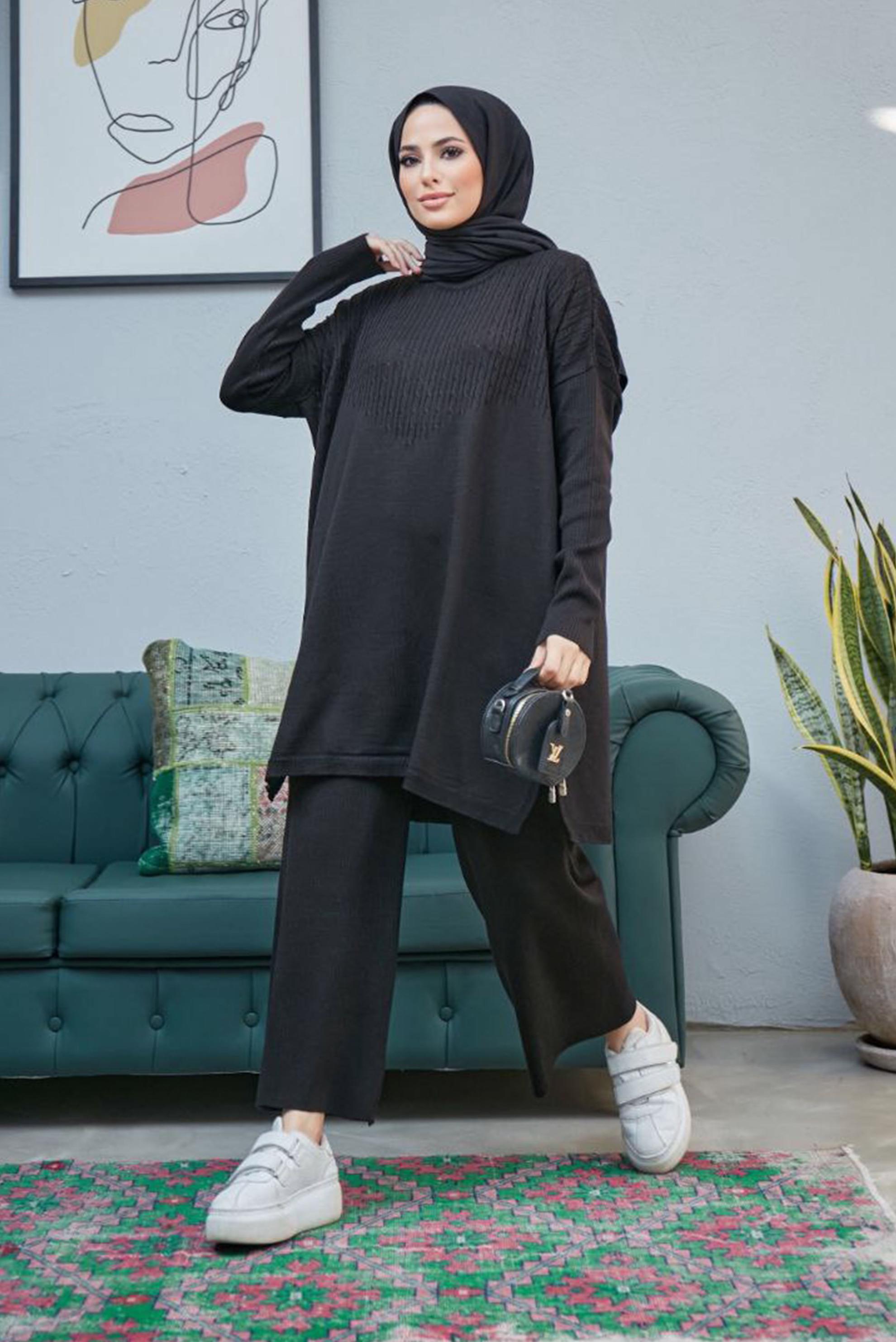 Tesettür giyim SİYAH SAÇ ÖRGÜSÜ DETAYLI TRİKO PANT. TAKIM 42464 
