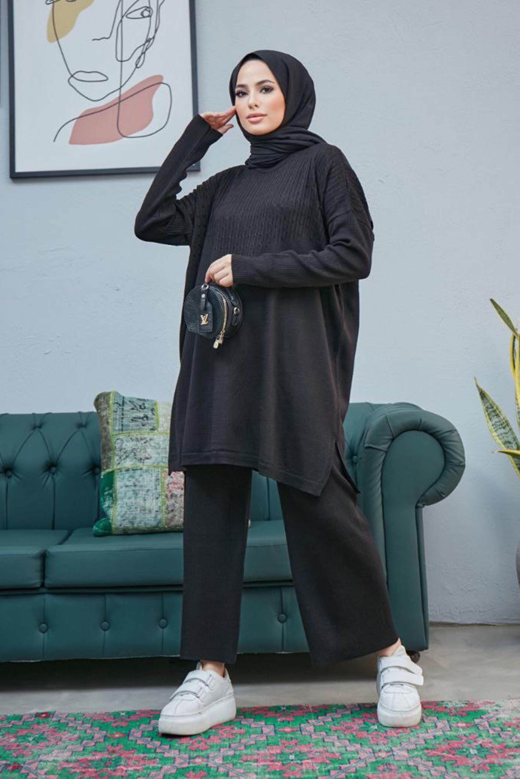 Tesettür giyim SİYAH SAÇ ÖRGÜSÜ DETAYLI TRİKO PANT. TAKIM 42464 