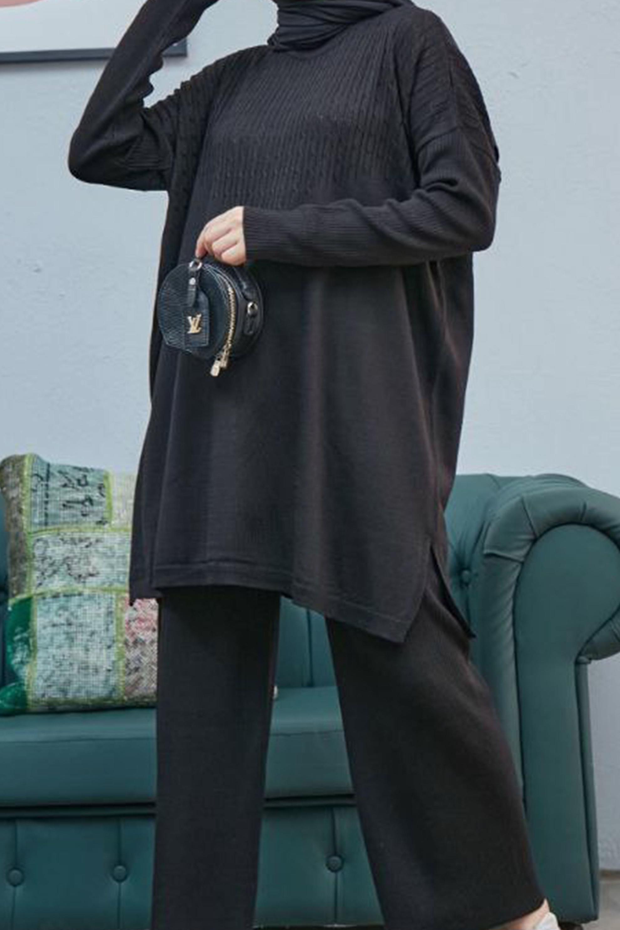 Tesettür giyim SİYAH SAÇ ÖRGÜSÜ DETAYLI TRİKO PANT. TAKIM 42464 