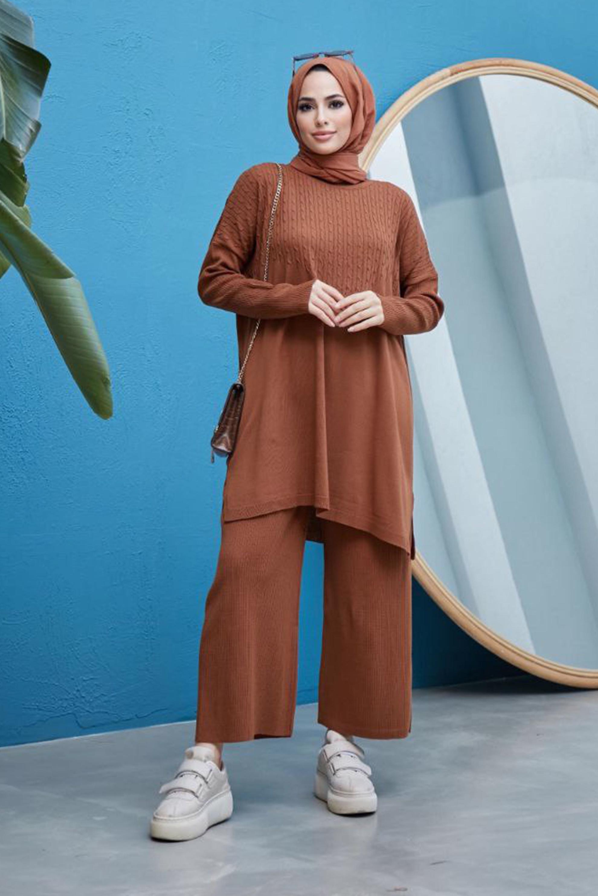 Tesettür giyim TABA SAÇ ÖRGÜSÜ DETAYLI TRİKO PANT. TAKIM 42464 