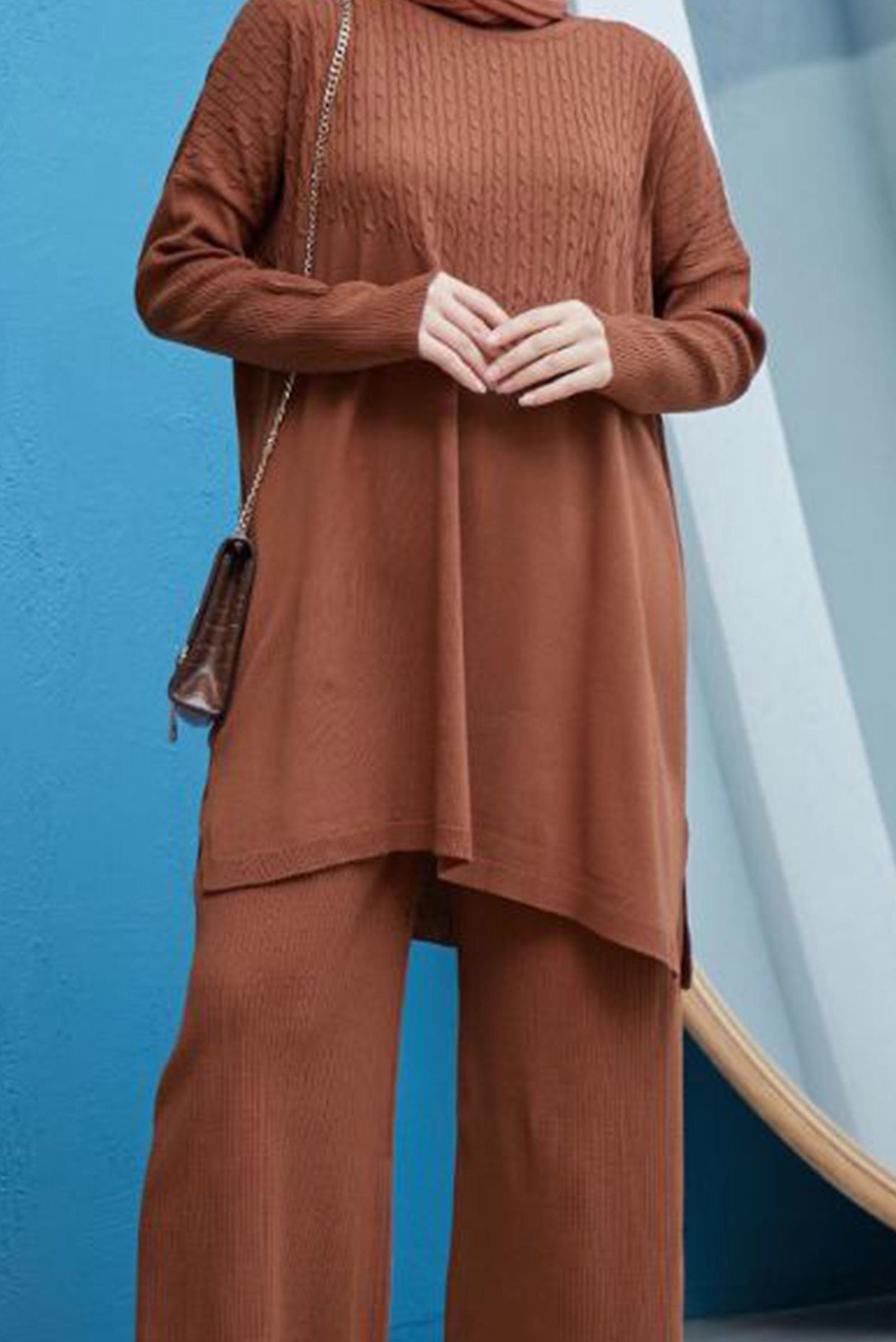 Tesettür giyim TABA SAÇ ÖRGÜSÜ DETAYLI TRİKO PANT. TAKIM 42464 