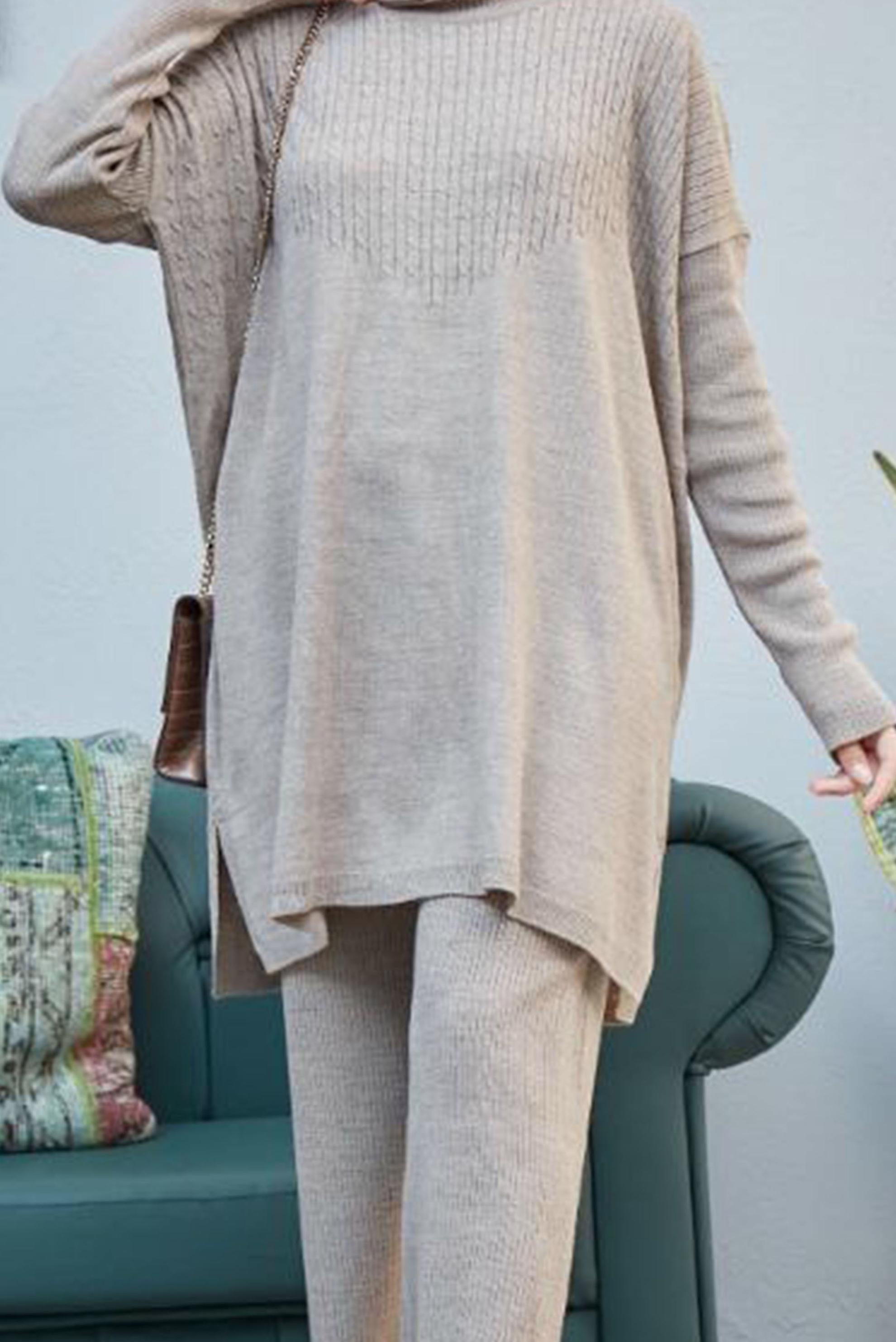 Tesettür giyim VİZON SAÇ ÖRGÜSÜ DETAYLI TRİKO PANT. TAKIM 42464 