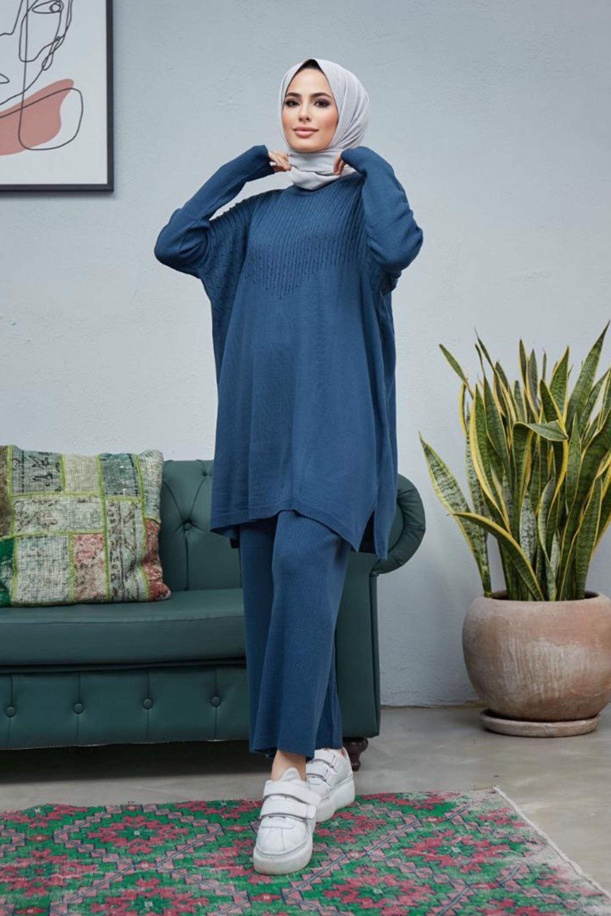 Tesettür giyim LACİVERT SAÇ ÖRGÜSÜ DETAYLI TRİKO PANT. TAKIM 42464 