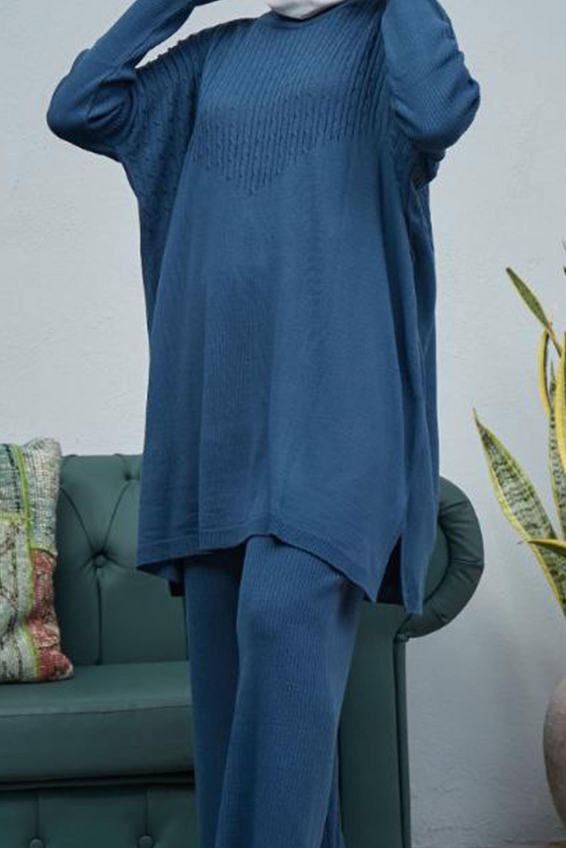 Tesettür giyim LACİVERT SAÇ ÖRGÜSÜ DETAYLI TRİKO PANT. TAKIM 42464 