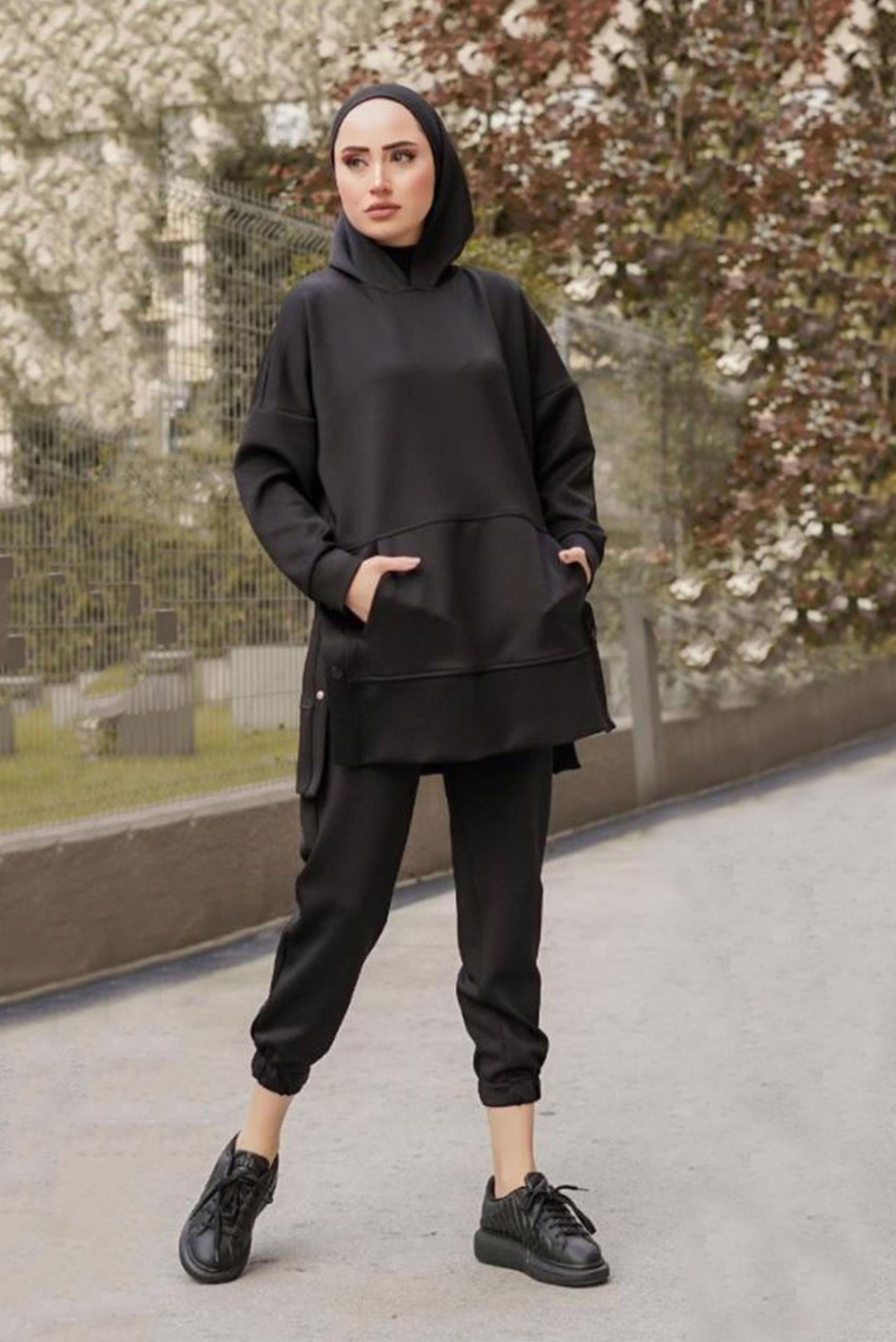 Tesettür giyim SİYAH YANLARI ÇITÇITLI PAÇASI LASTİKLİ PANT. TAKIM 42468 