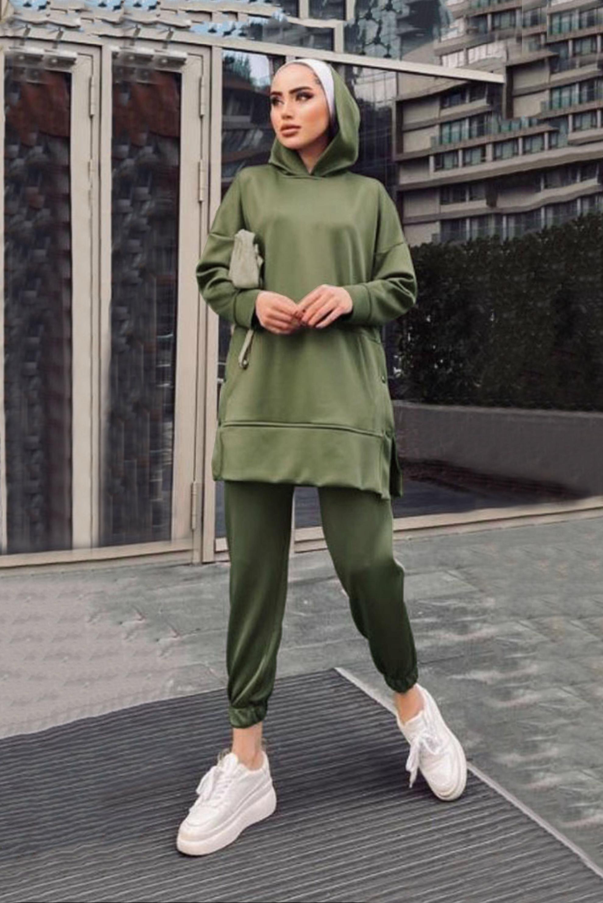 Hijab clothing GREEN SNAP DETAIL PANTS SUIT WITH ELASTIC HEM 42468 