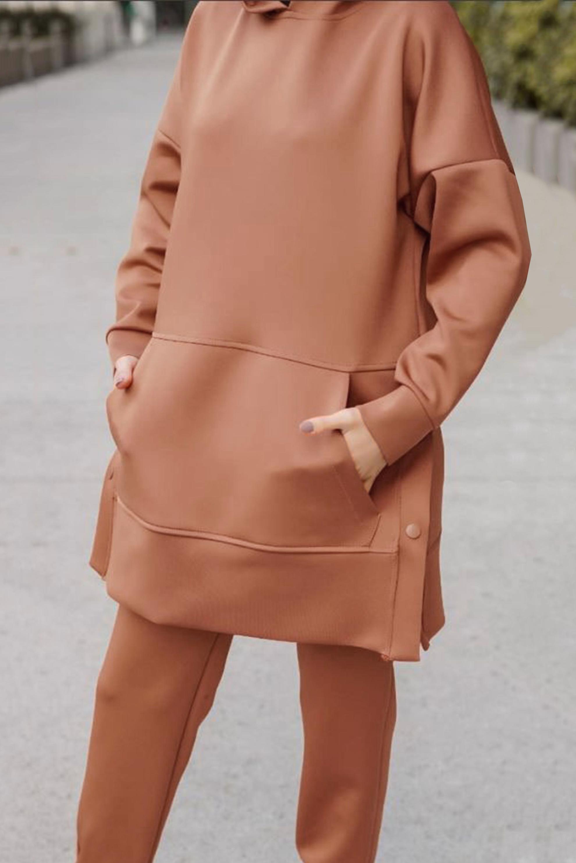 Tesettür giyim TABA YANLARI ÇITÇITLI PAÇASI LASTİKLİ PANT. TAKIM 42468 