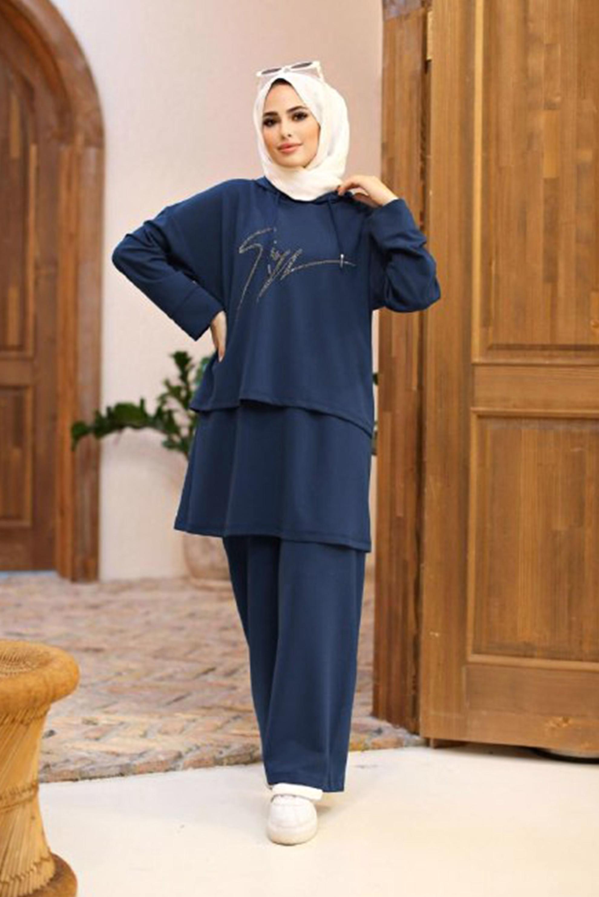 Tesettür giyim LACİVERT YAZI BASKILI KAPÜŞONLU KATLI İKİLİ PANT. TAKIM 42487 