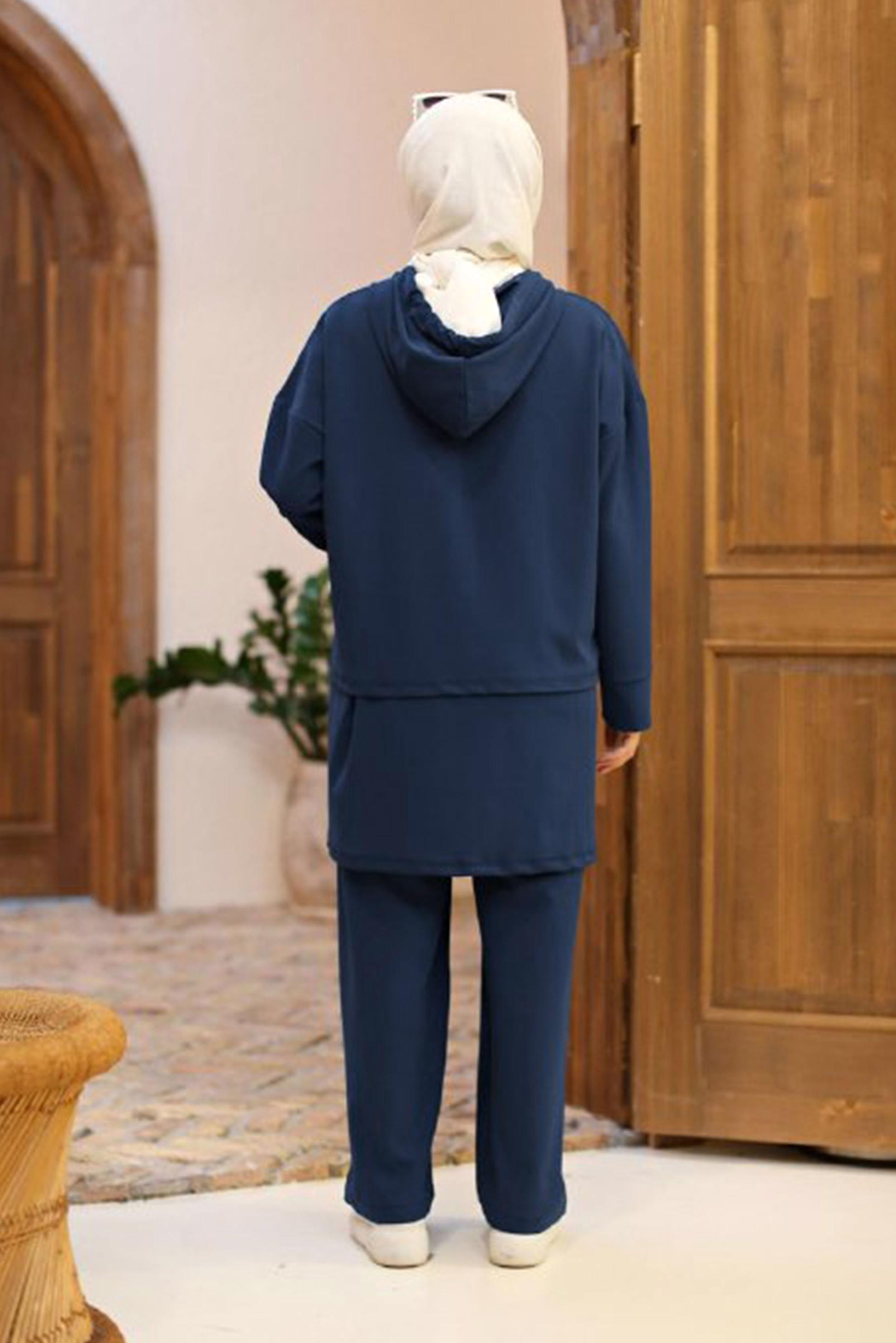 Tesettür giyim LACİVERT YAZI BASKILI KAPÜŞONLU KATLI İKİLİ PANT. TAKIM 42487 