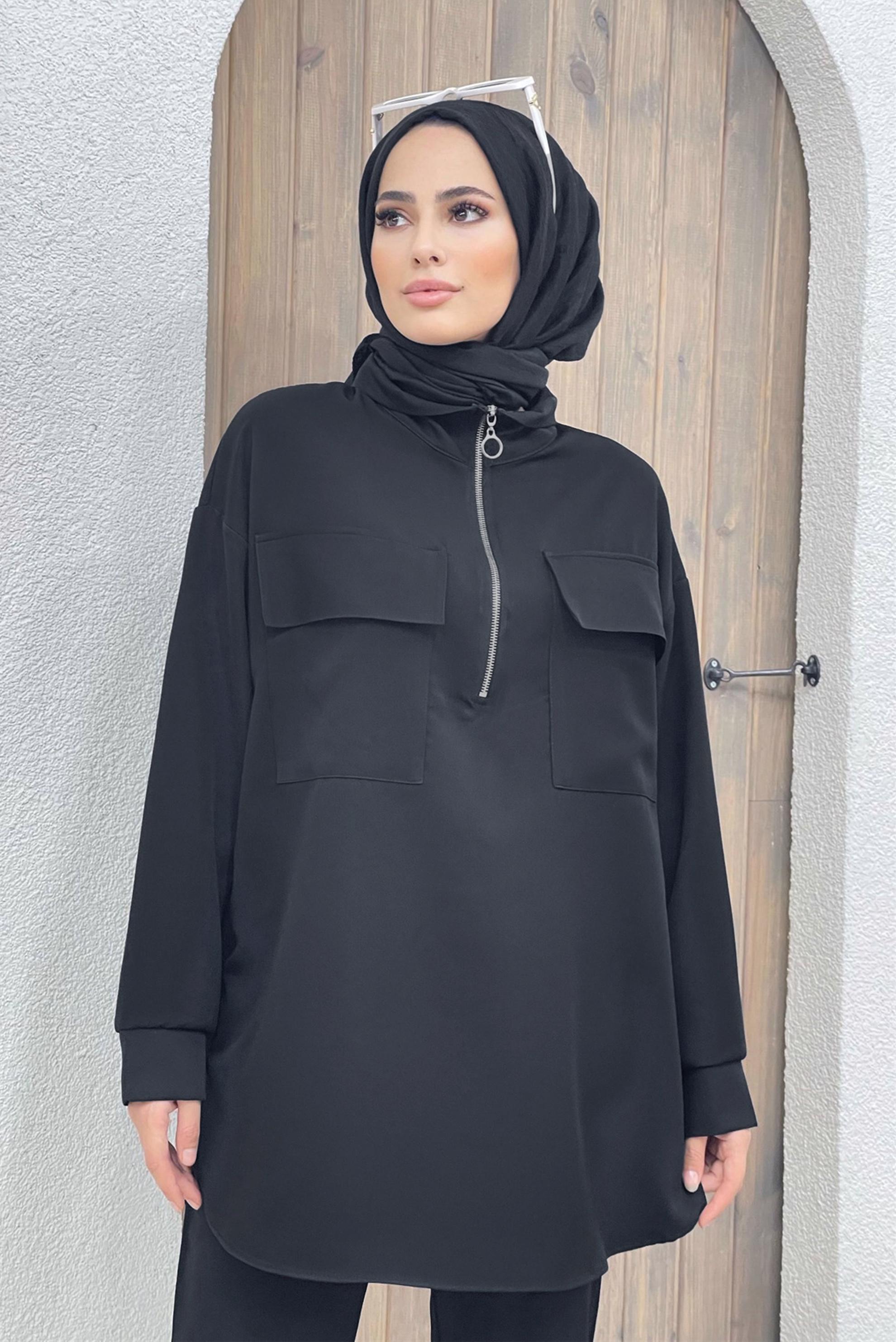 Vêtements hijab NOIR ENSEMBLE PANTALON 2 PIÈCES DÉTAIL ZIPPÉ AVEC POCHE 42488