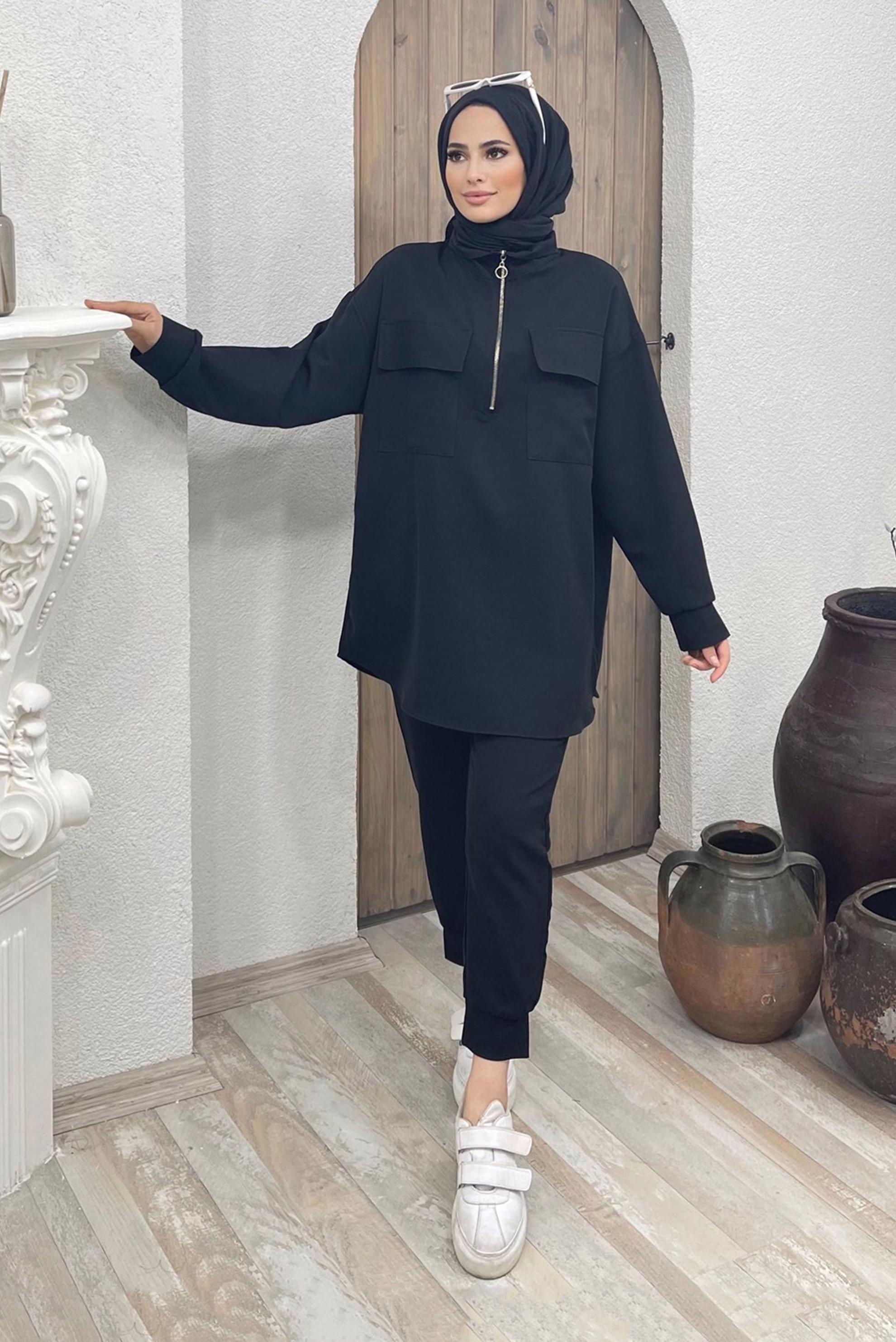Vêtements hijab NOIR ENSEMBLE PANTALON 2 PIÈCES DÉTAIL ZIPPÉ AVEC POCHE 42488