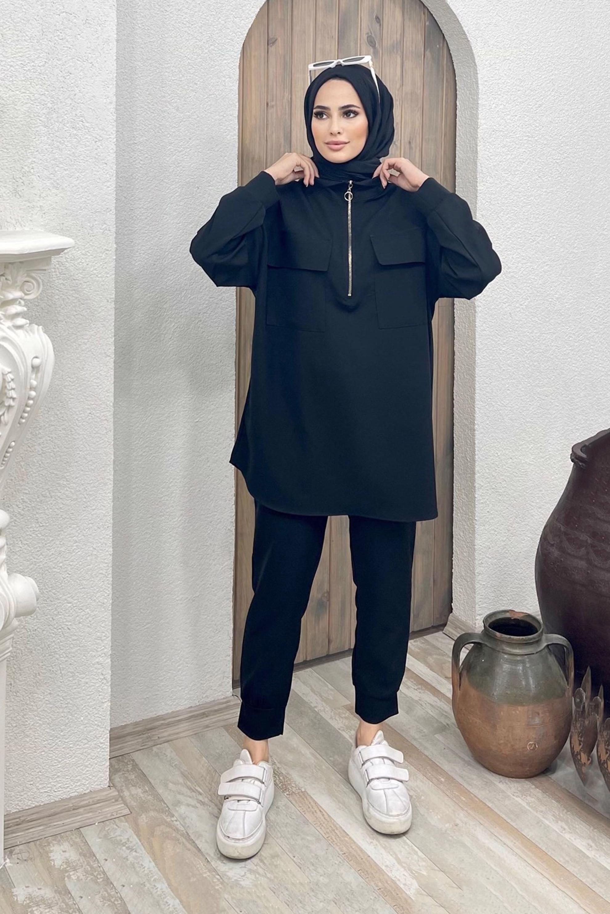 Vêtements hijab NOIR ENSEMBLE PANTALON 2 PIÈCES DÉTAIL ZIPPÉ AVEC POCHE 42488