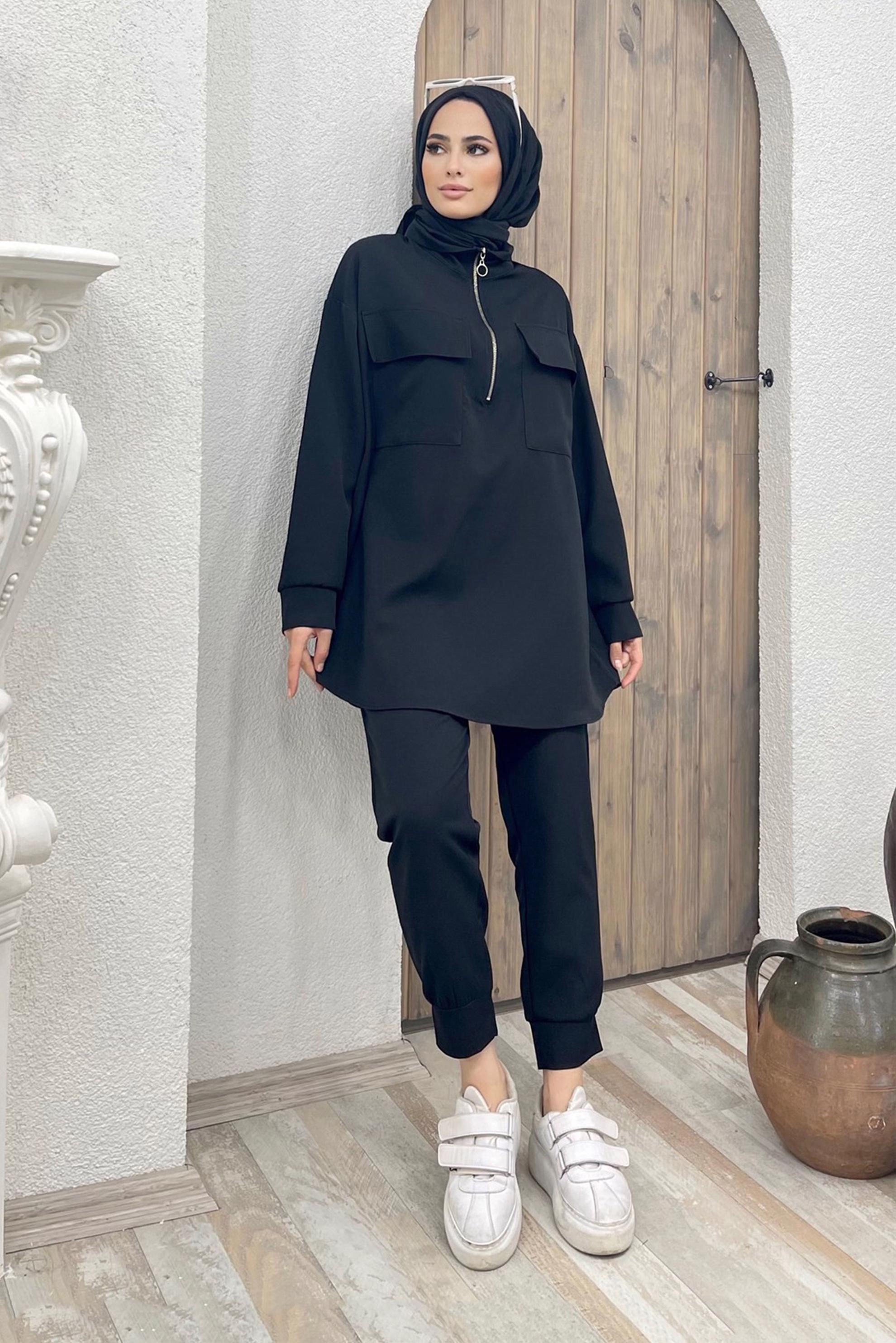 Vêtements hijab NOIR ENSEMBLE PANTALON 2 PIÈCES DÉTAIL ZIPPÉ AVEC POCHE 42488