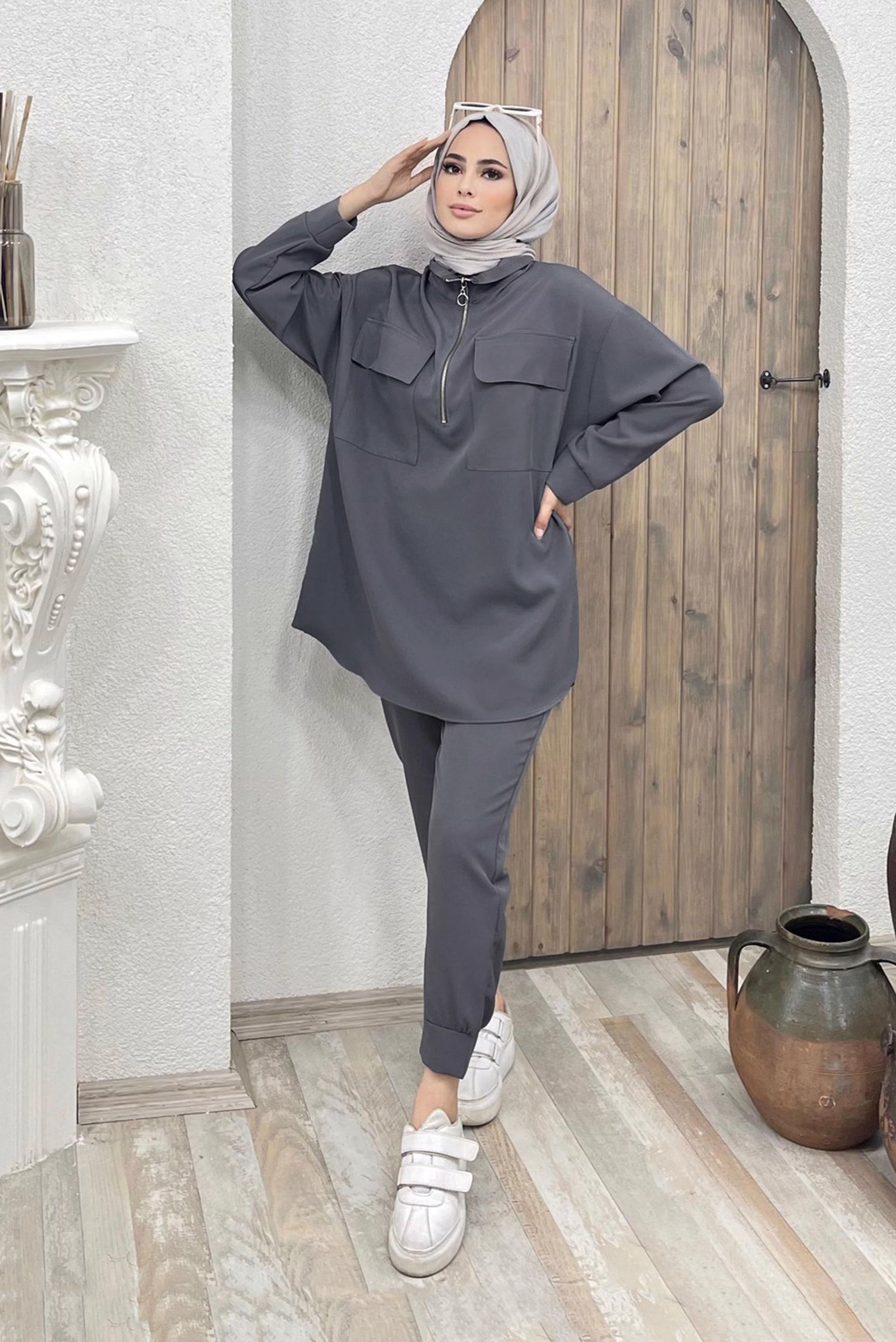 Tesettür giyim GRİ FERMUAR DETAYLI CEPLİ İKİLİ PANT. TAKIM 42488 