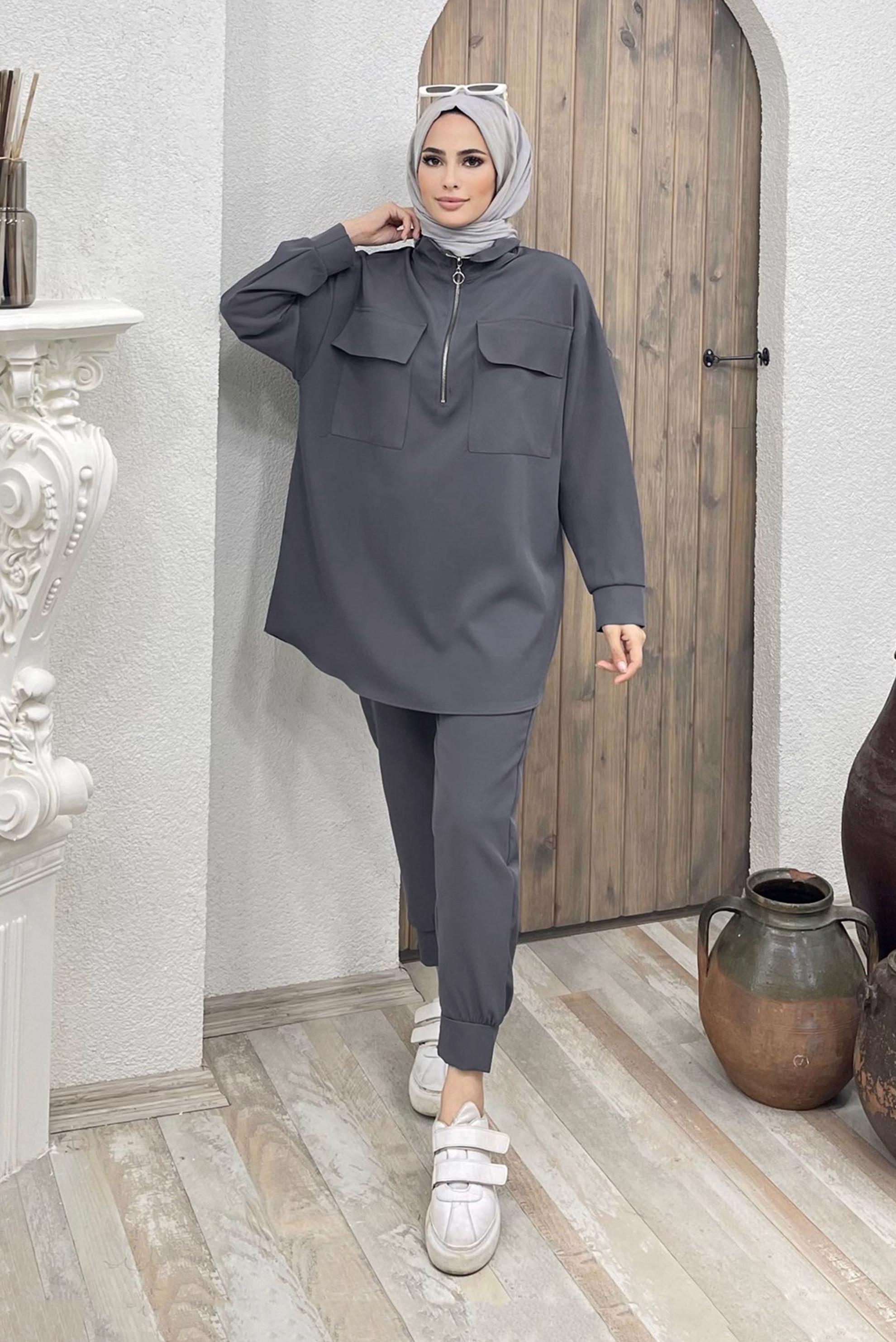 Tesettür giyim GRİ FERMUAR DETAYLI CEPLİ İKİLİ PANT. TAKIM 42488 