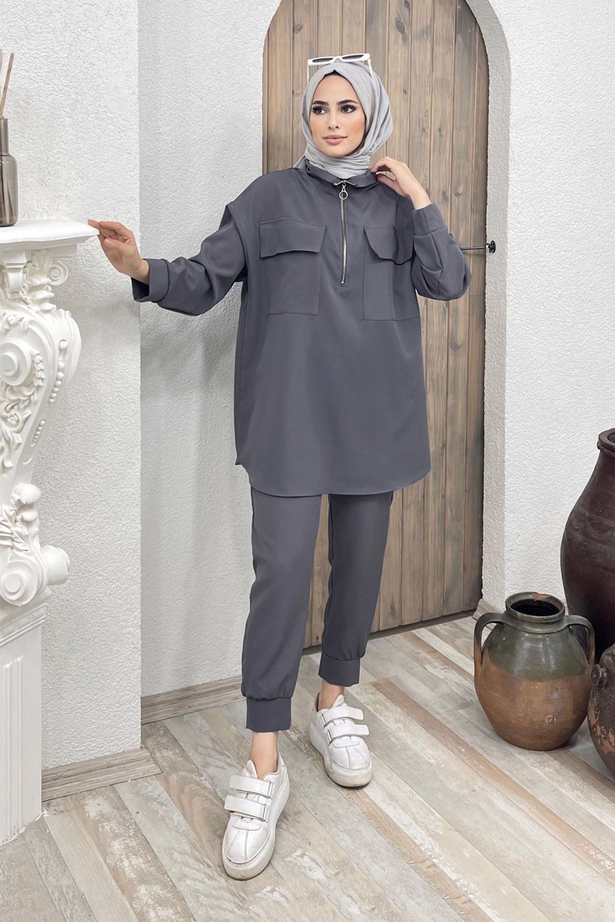 Tesettür giyim GRİ FERMUAR DETAYLI CEPLİ İKİLİ PANT. TAKIM 42488 