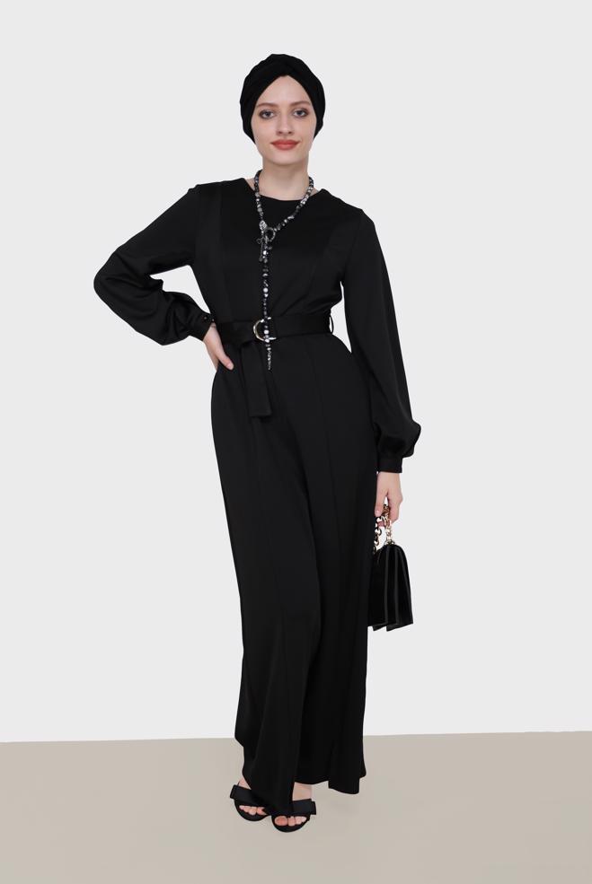 Vêtements hijab NOIR SALOPETTE CEINTURE À DÉTAIL FENTE 42196 - ALVİNA