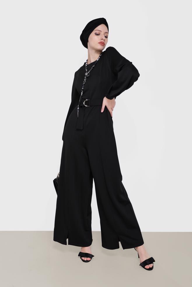 Vêtements hijab NOIR SALOPETTE CEINTURE À DÉTAIL FENTE 42196 - ALVİNA