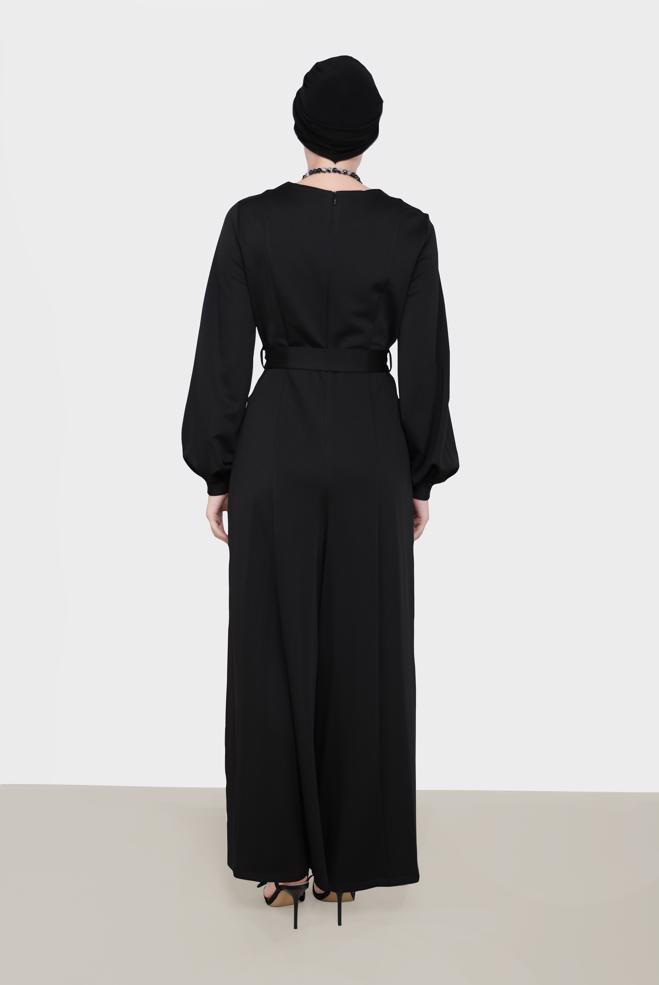 Vêtements hijab NOIR SALOPETTE CEINTURE À DÉTAIL FENTE 42196 - ALVİNA