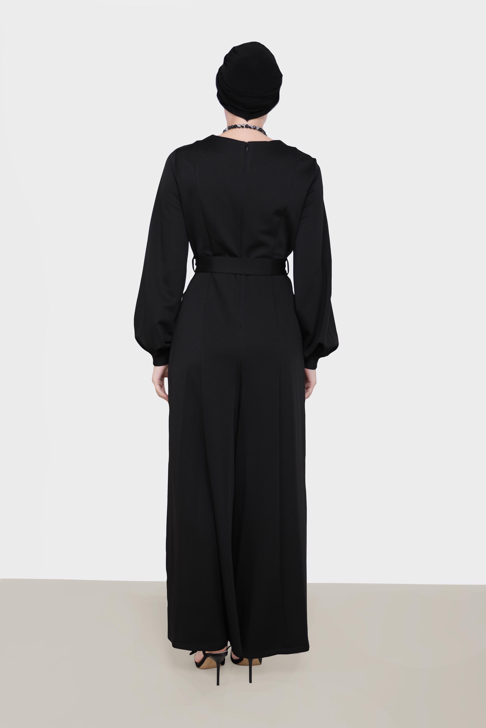 Hijab clothing BLACK SLIT DETAIL BELTED OVERALLS 42196 