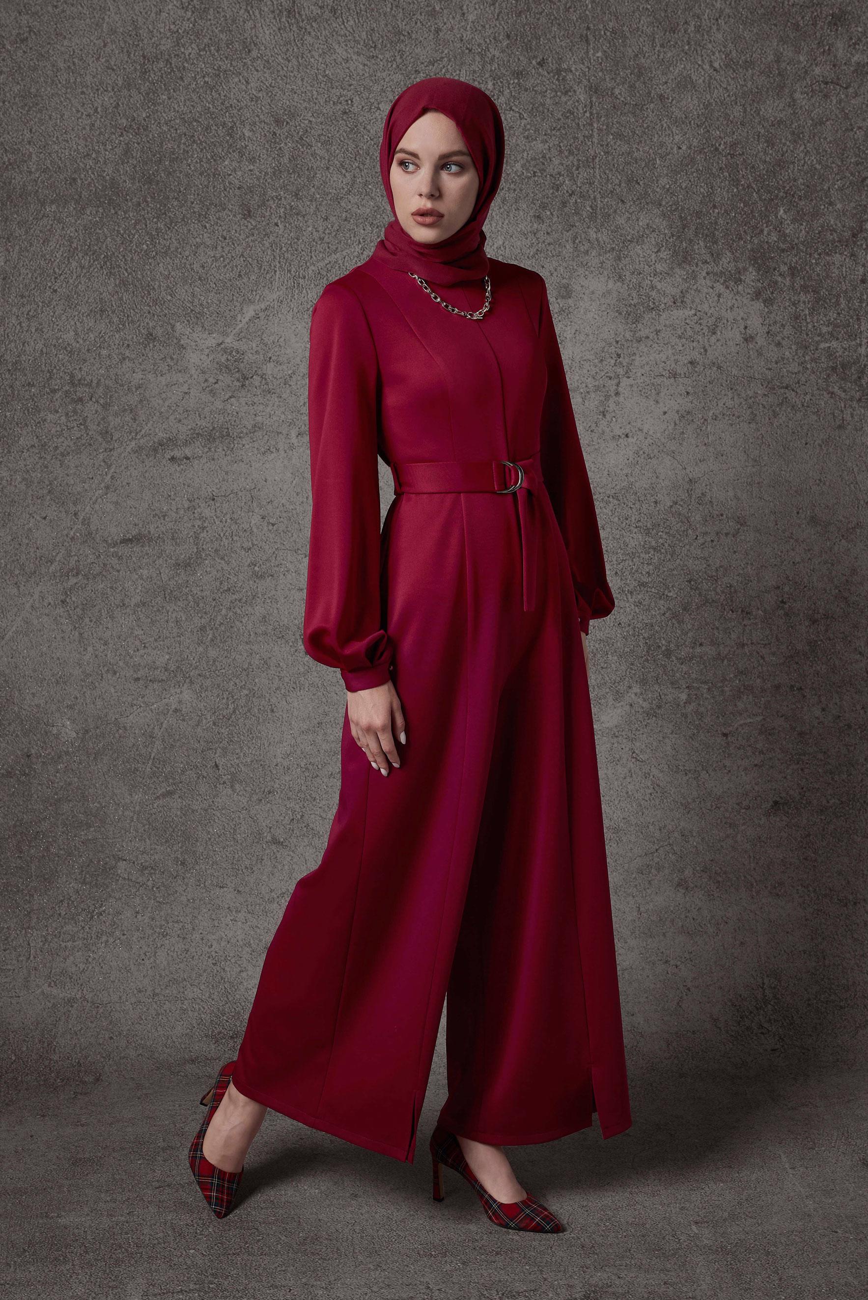 Tesettür giyim KIRMIZI YIRTMAÇ DETAYLI KUŞAKLI TULUM 42196 