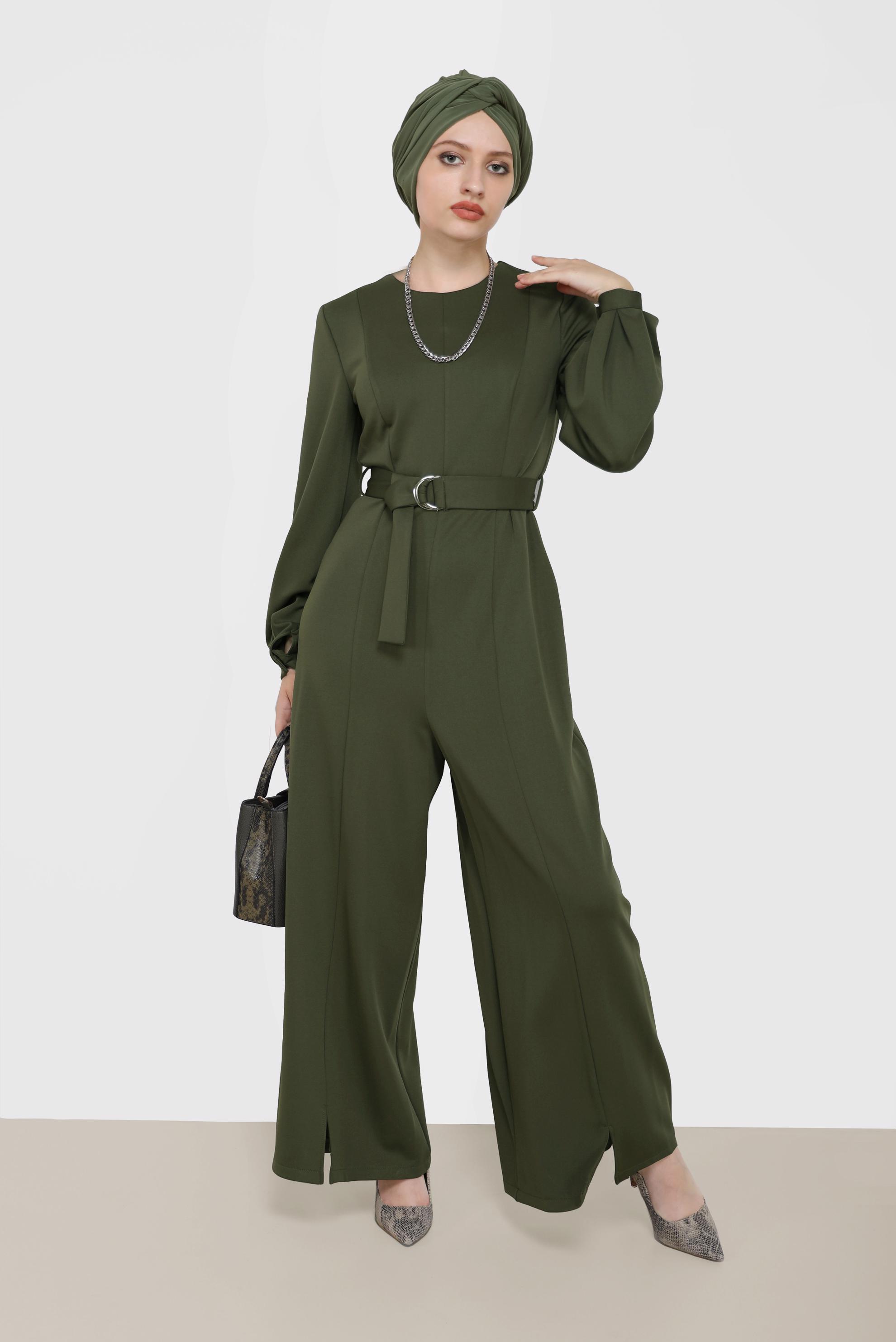 Vêtements hijab KAKI SALOPETTE CEINTURE À DÉTAIL FENTE 42196