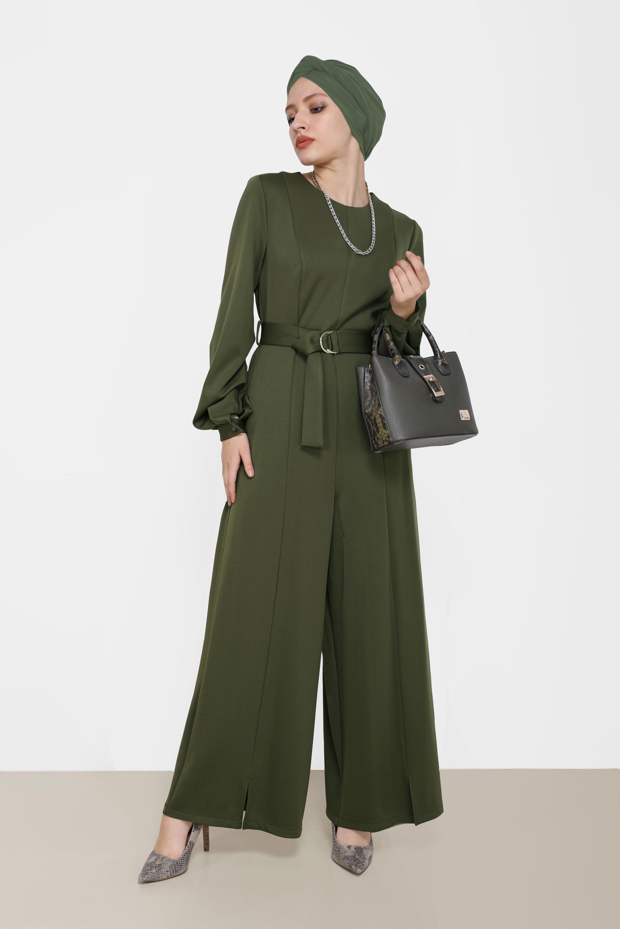 Vêtements hijab KAKI SALOPETTE CEINTURE À DÉTAIL FENTE 42196