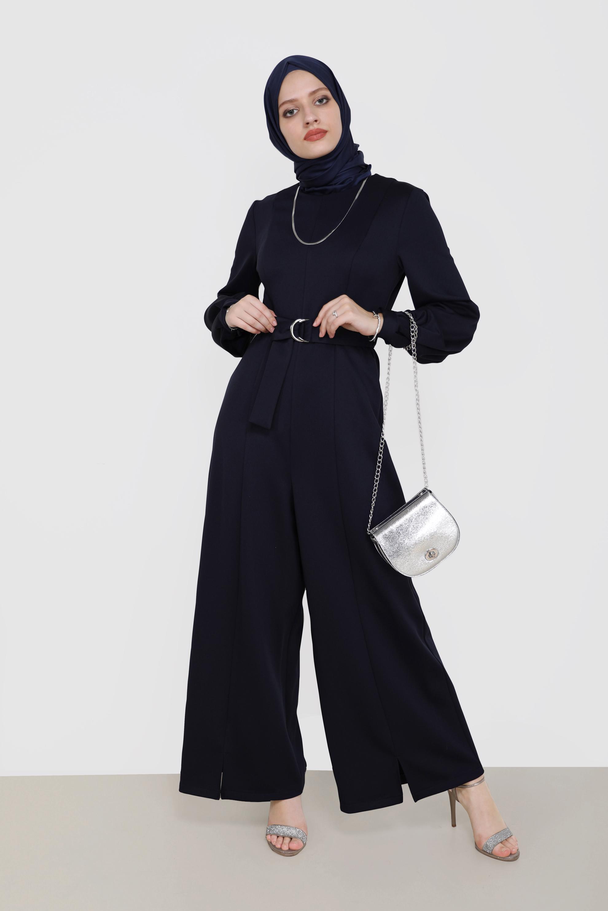 Tesettür giyim LACİVERT YIRTMAÇ DETAYLI KUŞAKLI TULUM 42196 