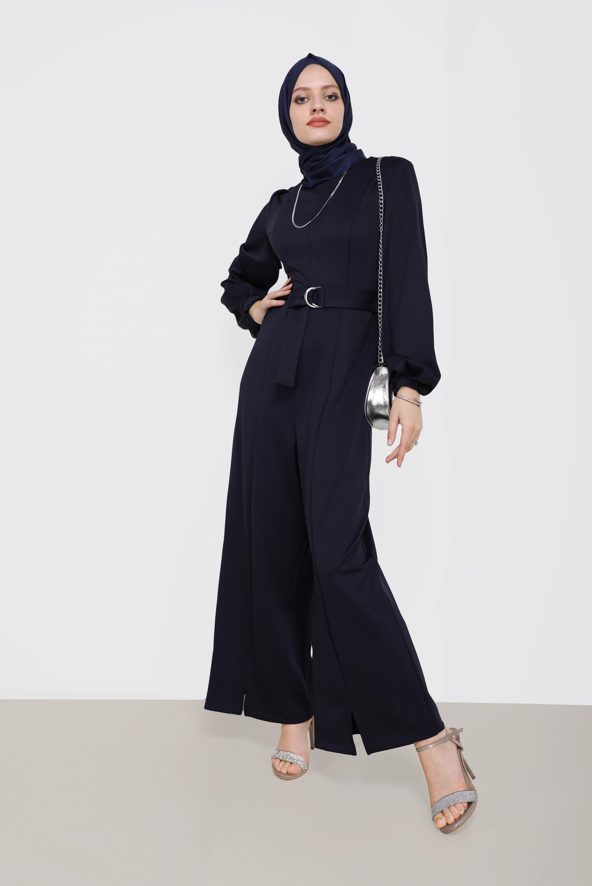 Tesettür giyim LACİVERT YIRTMAÇ DETAYLI KUŞAKLI TULUM 42196 