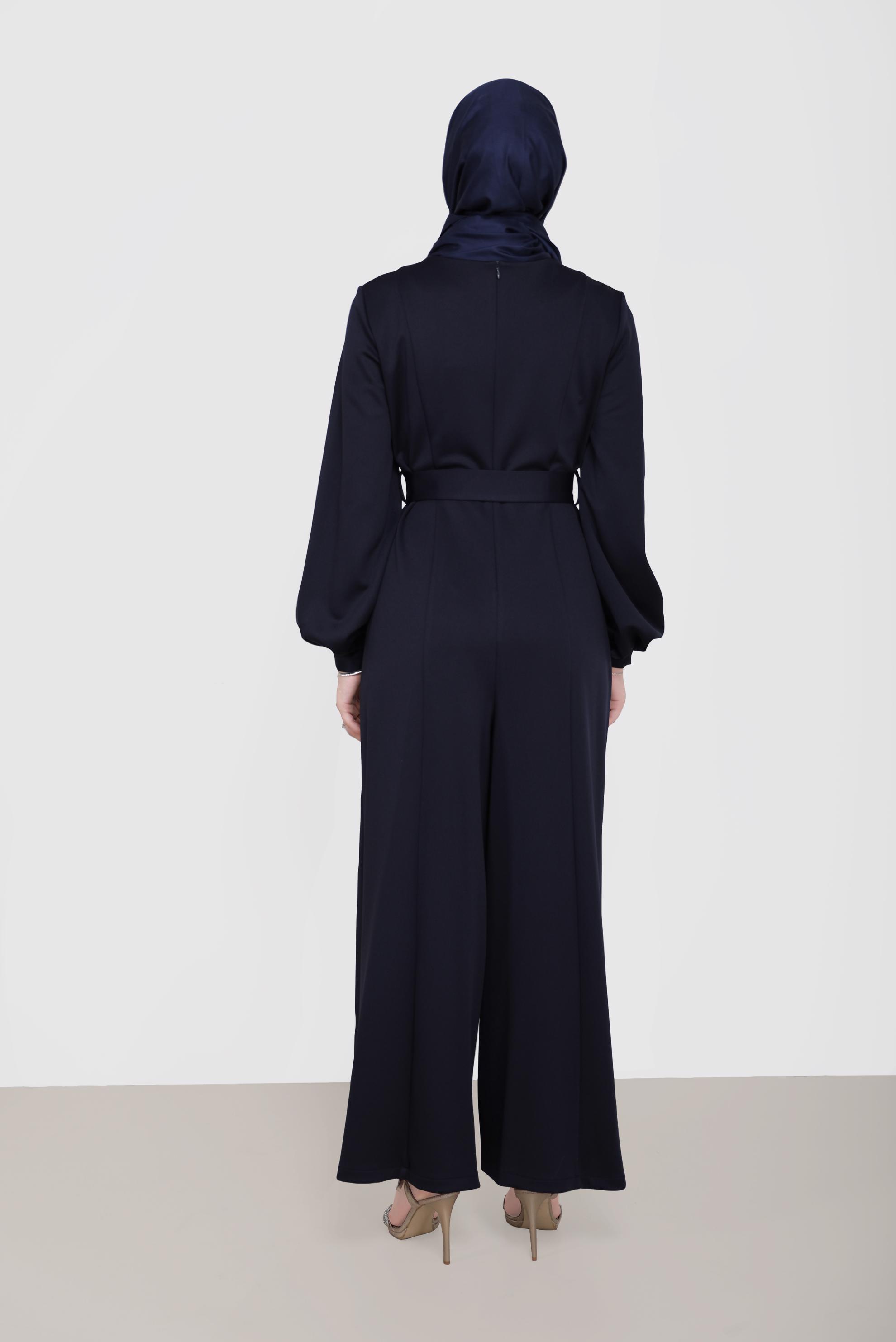 Tesettür giyim LACİVERT YIRTMAÇ DETAYLI KUŞAKLI TULUM 42196 