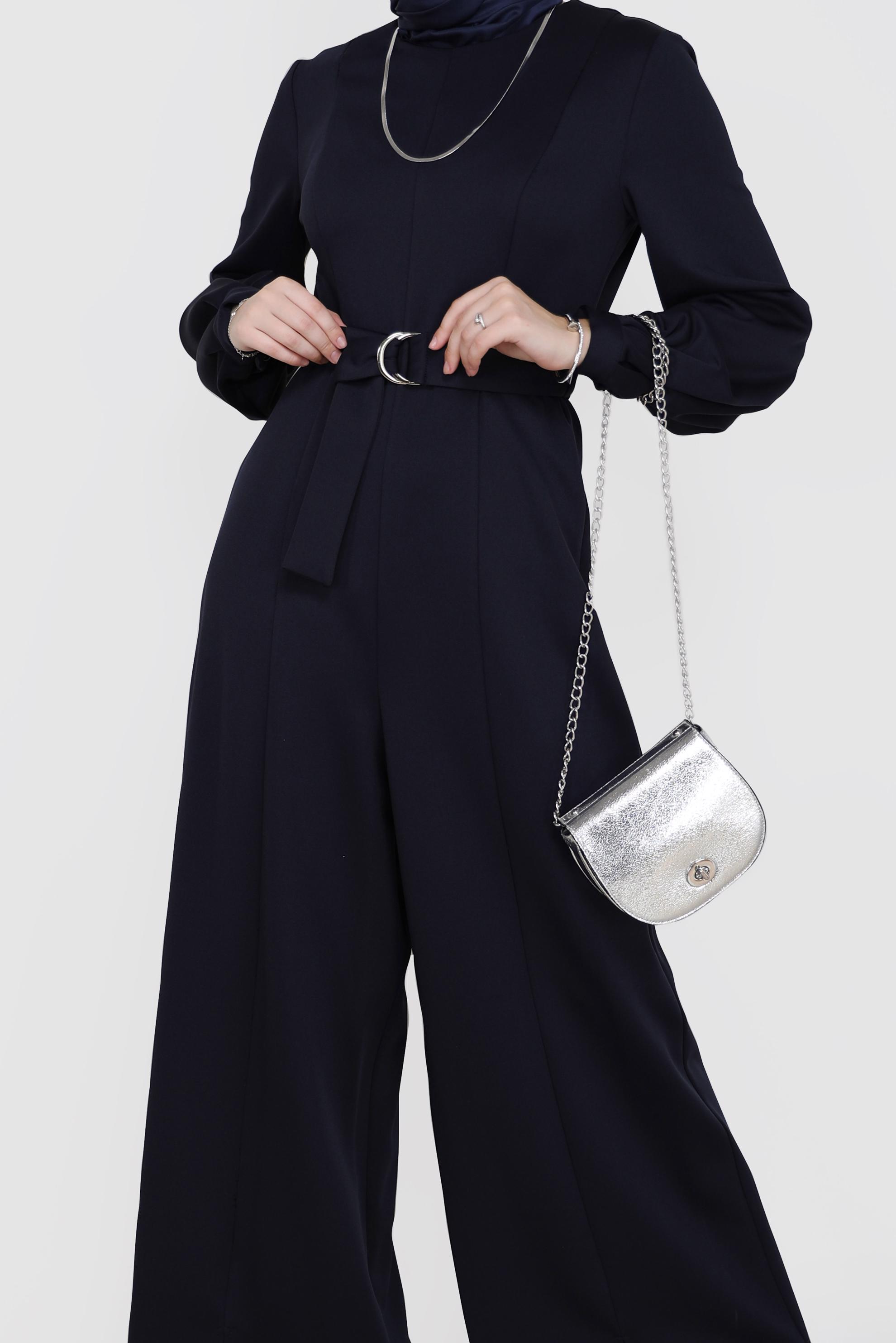 Tesettür giyim LACİVERT YIRTMAÇ DETAYLI KUŞAKLI TULUM 42196 