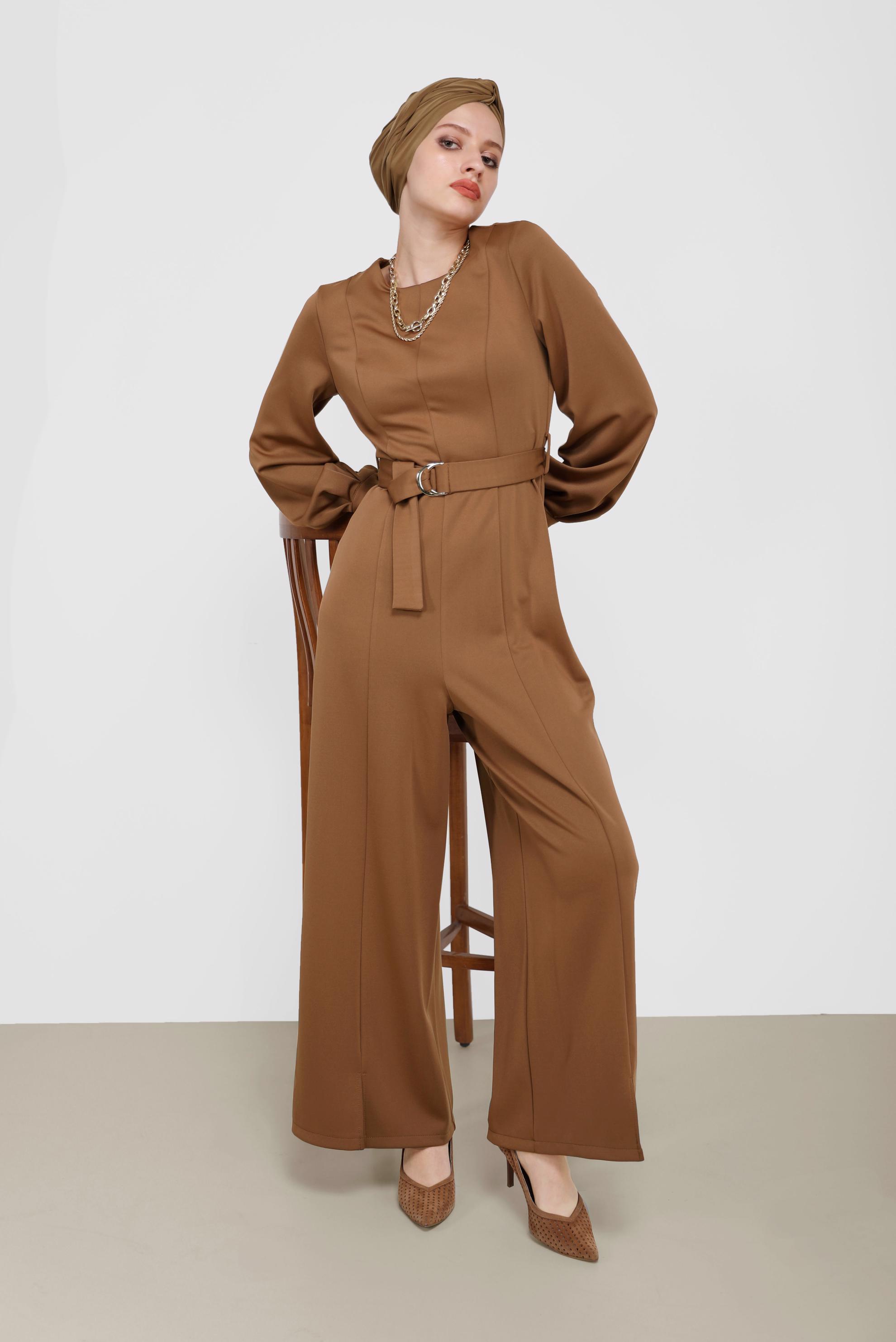 Tesettür giyim KAHVE YIRTMAÇ DETAYLI KUŞAKLI TULUM 42196 