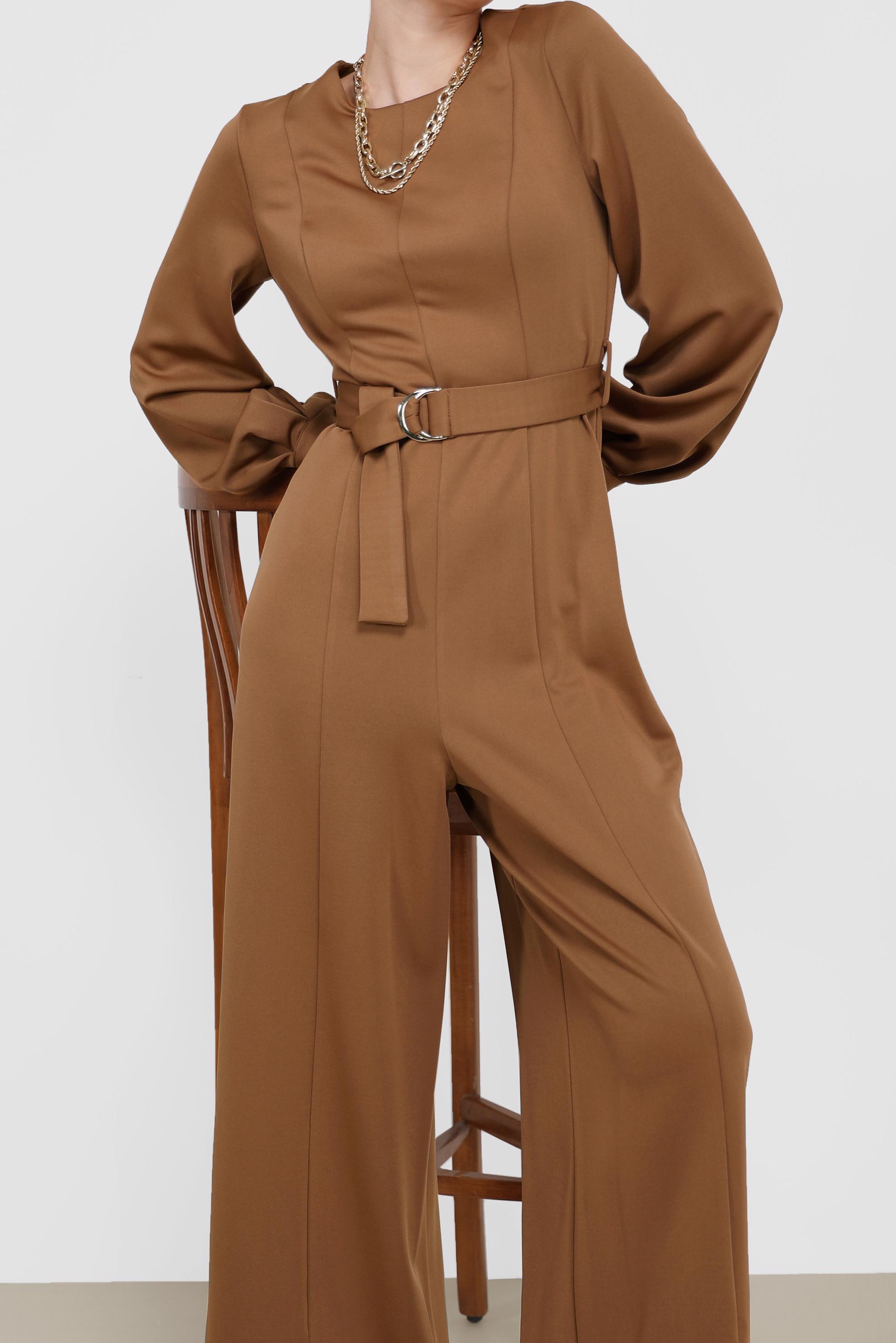 Tesettür giyim KAHVE YIRTMAÇ DETAYLI KUŞAKLI TULUM 42196 