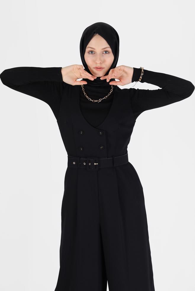 Hijab clothing BLACK BUTTON DETAIL BELTED OVERALLS 42422  - ALVİNA