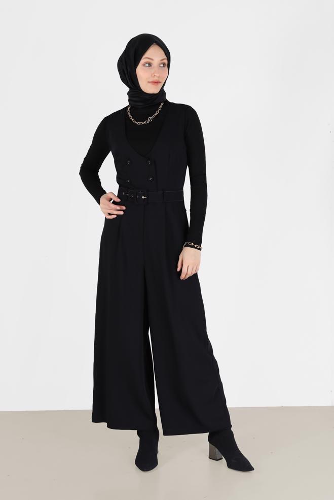 Hijab clothing BLACK BUTTON DETAIL BELTED OVERALLS 42422  - ALVİNA