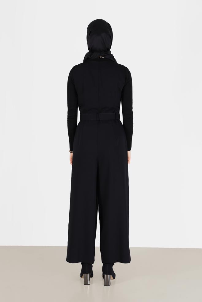 Hijab clothing BLACK BUTTON DETAIL BELTED OVERALLS 42422  - ALVİNA