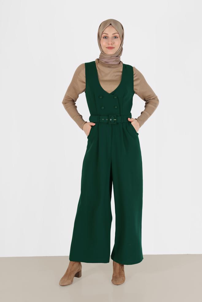 Hijab clothing GREEN BUTTON DETAIL BELTED OVERALLS 42422  - ALVİNA