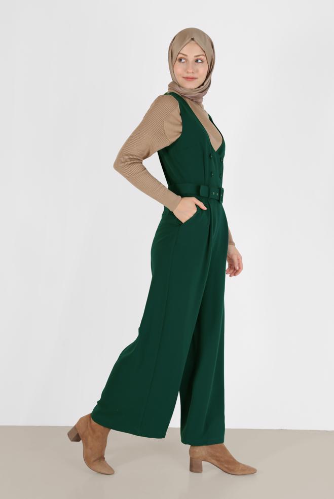 Hijab clothing GREEN BUTTON DETAIL BELTED OVERALLS 42422  - ALVİNA