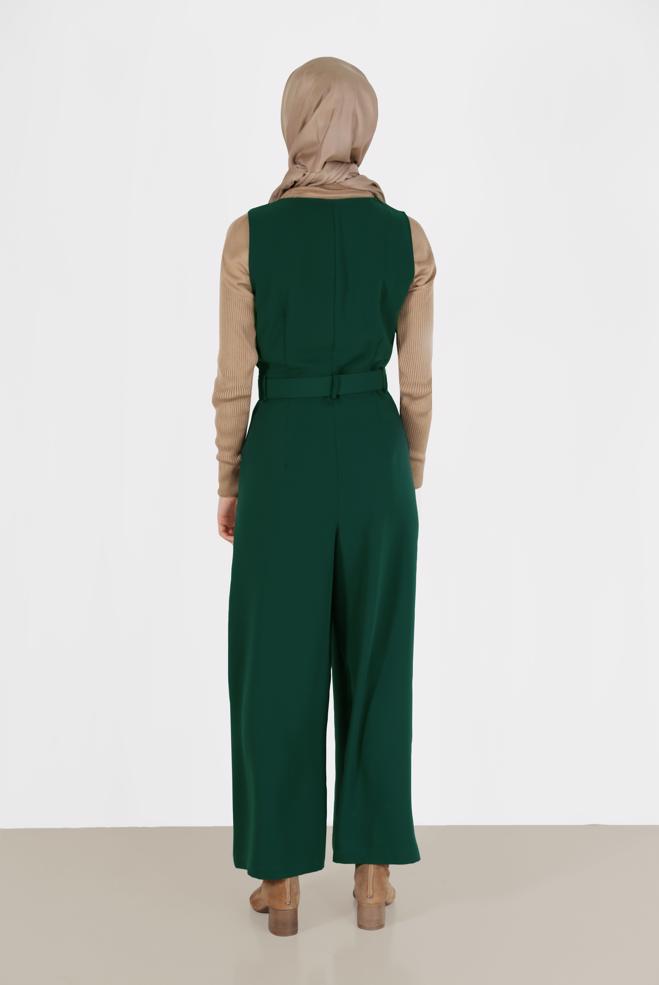 Hijab clothing GREEN BUTTON DETAIL BELTED OVERALLS 42422  - ALVİNA