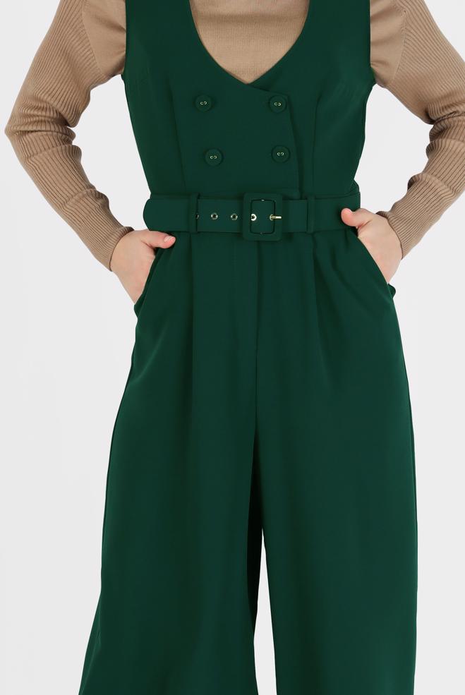 Hijab clothing GREEN BUTTON DETAIL BELTED OVERALLS 42422  - ALVİNA