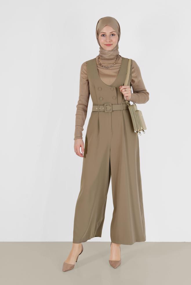 Hijab clothing BROWN BUTTON DETAIL BELTED OVERALLS 42422  - ALVİNA