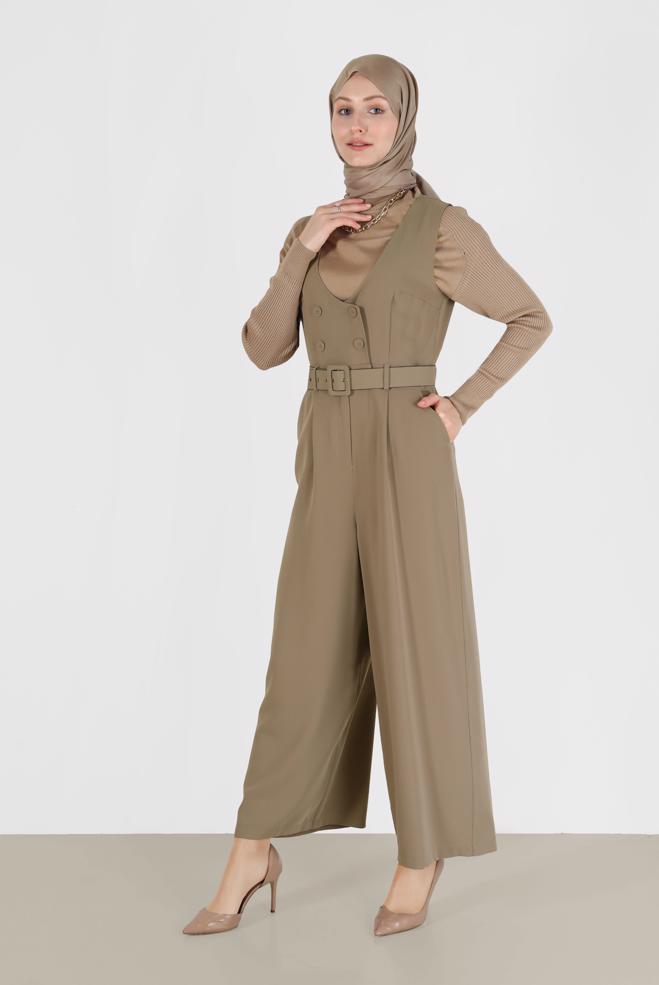Hijab clothing BROWN BUTTON DETAIL BELTED OVERALLS 42422  - ALVİNA