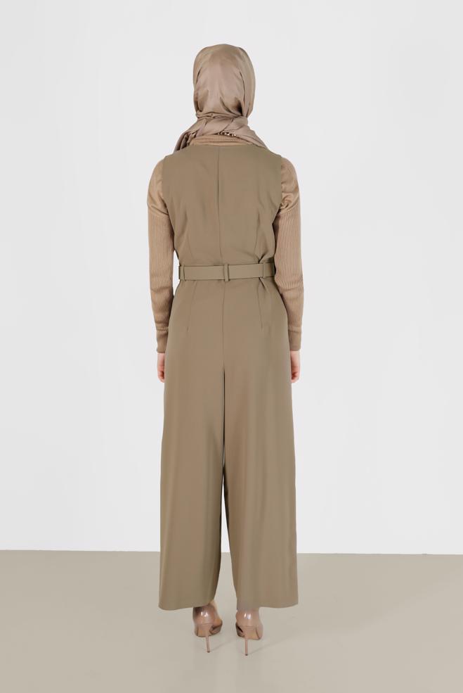 Hijab clothing BROWN BUTTON DETAIL BELTED OVERALLS 42422  - ALVİNA
