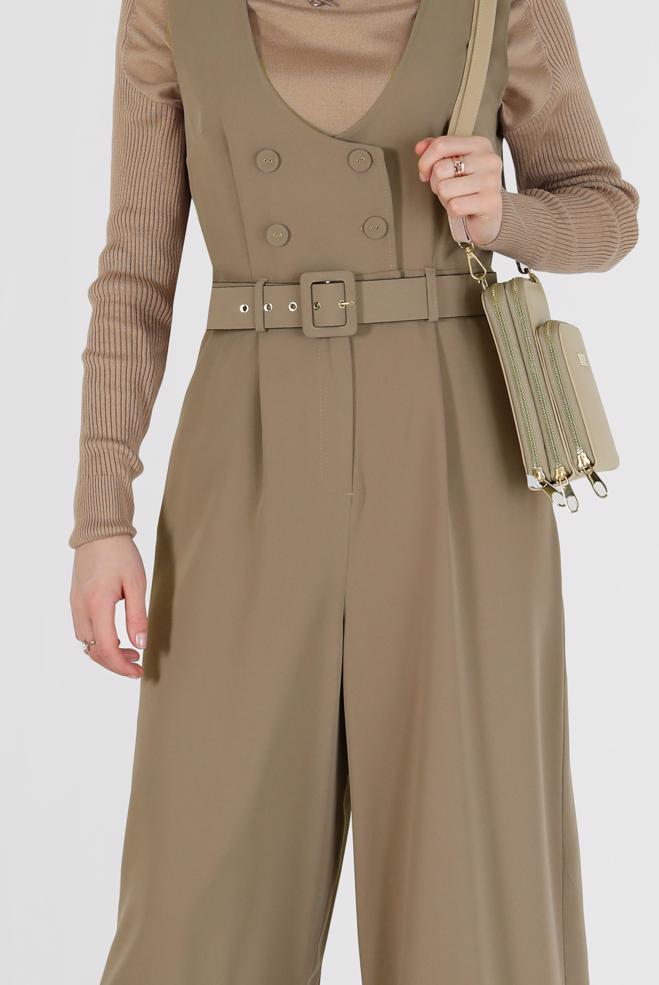Hijab clothing BROWN BUTTON DETAIL BELTED OVERALLS 42422  - ALVİNA