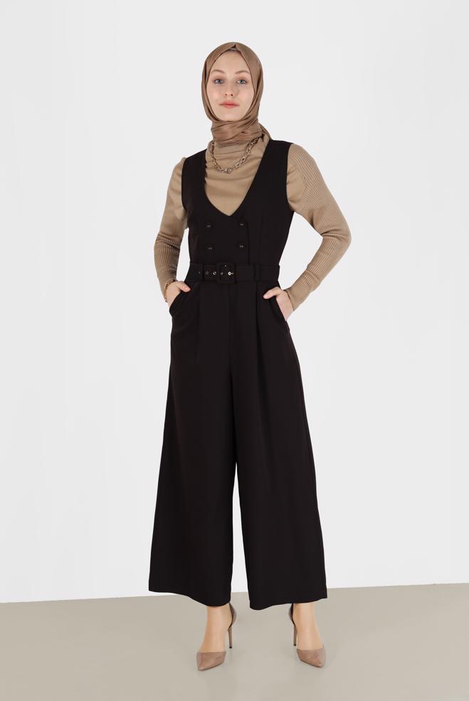 Hijab clothing BROWN BUTTON DETAIL BELTED OVERALLS 42422  - ALVİNA