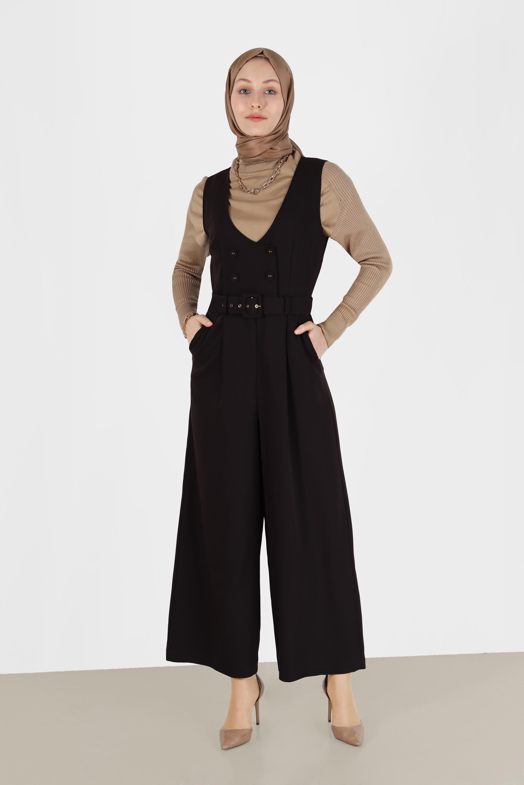 Tesettür giyim KAHVE DÜĞME DETAYLI KEMERLİ TULUM 42422 