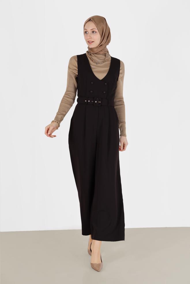 Hijab clothing BROWN BUTTON DETAIL BELTED OVERALLS 42422  - ALVİNA