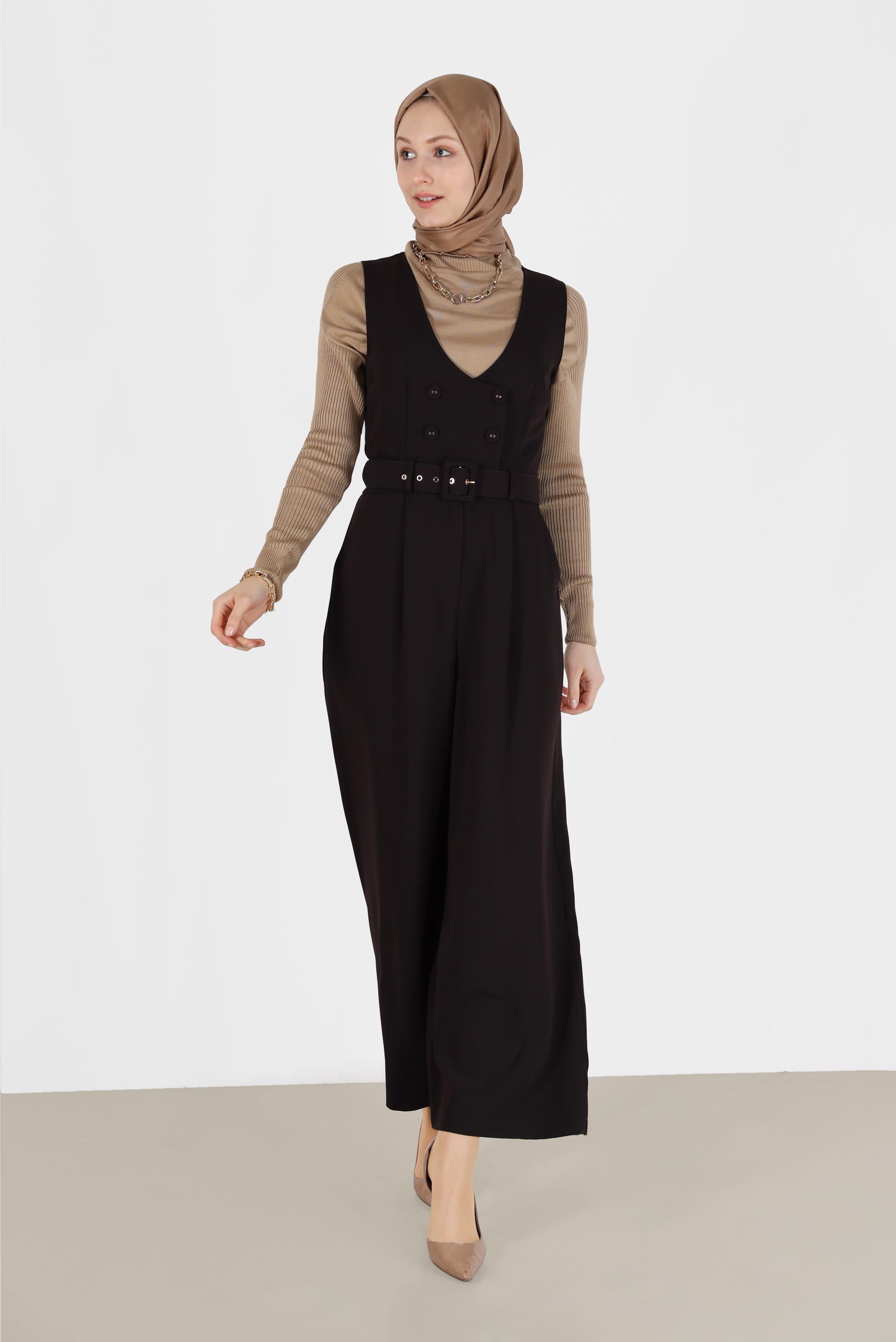 Tesettür giyim KAHVE DÜĞME DETAYLI KEMERLİ TULUM 42422 