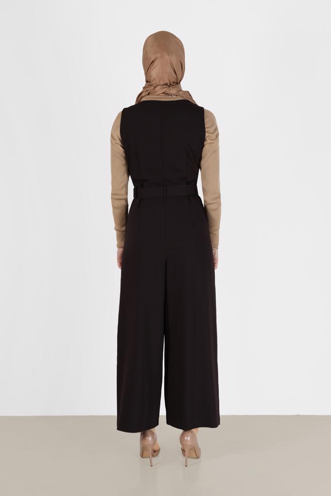 Hijab clothing BROWN BUTTON DETAIL BELTED OVERALLS 42422  - ALVİNA